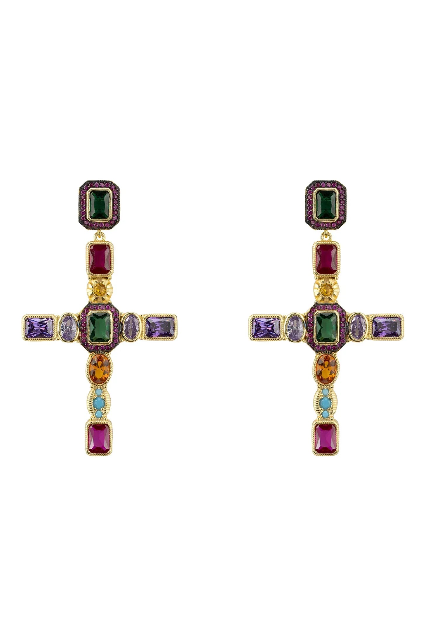 Front view of Maria Extra Large Gemstone Fashion Earrings Gold (Cross), showing cross design, turquoise and amethyst detailing, gold finish.