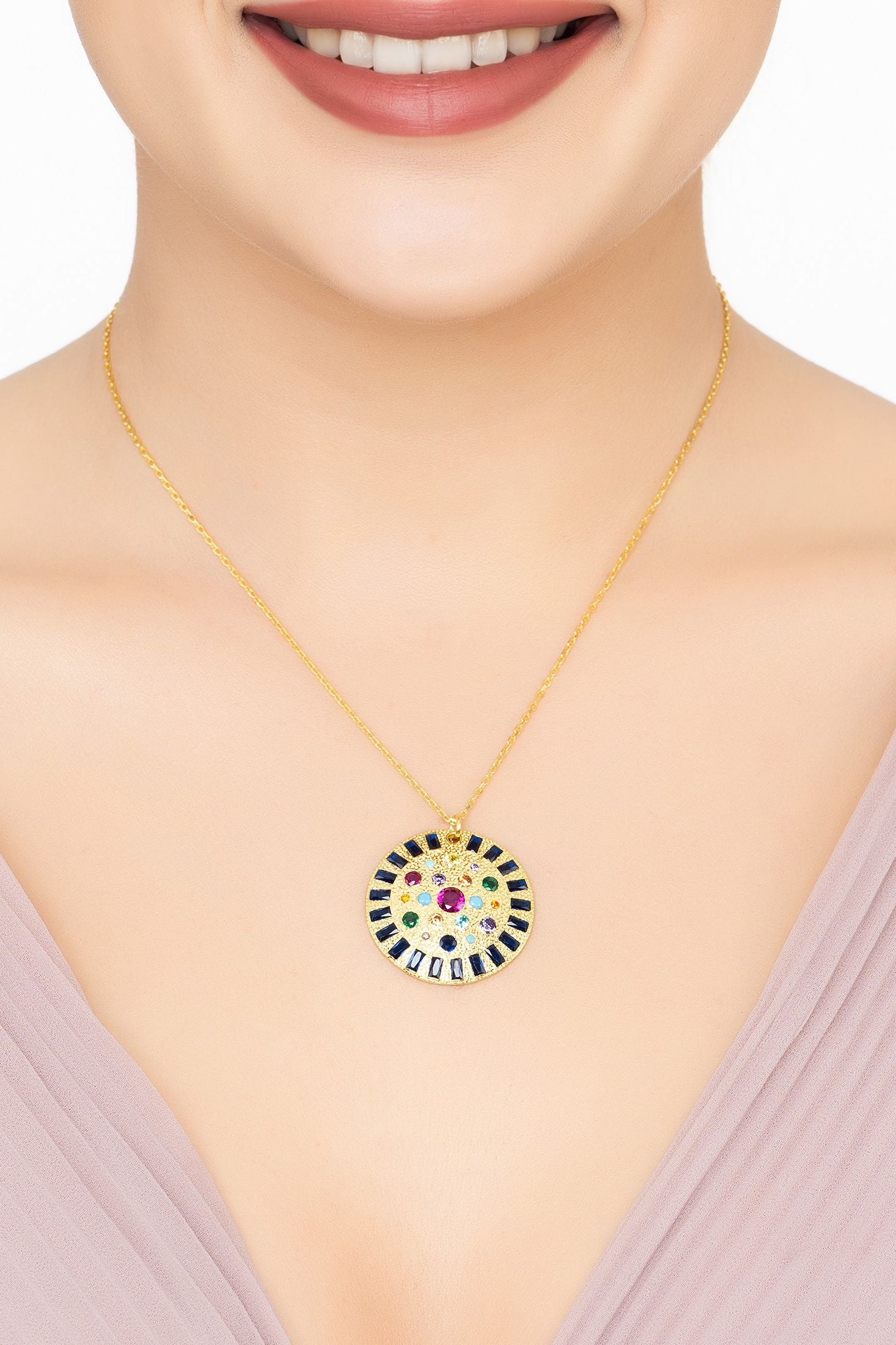 Angled view of Ecliptic Mosaic Circle Gemstone Pendant Necklace Gold, showing gold finish and the jewellery profile.