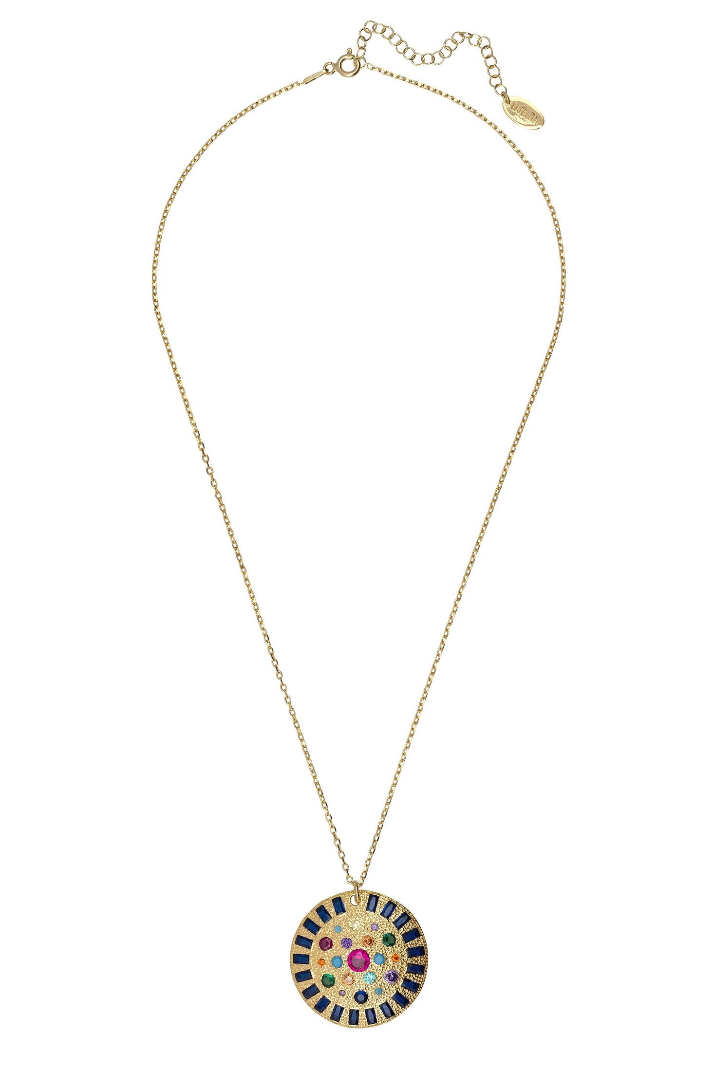 Angled view of Ecliptic Mosaic Circle Gemstone Pendant Necklace Gold, showing gold finish and the jewellery profile.