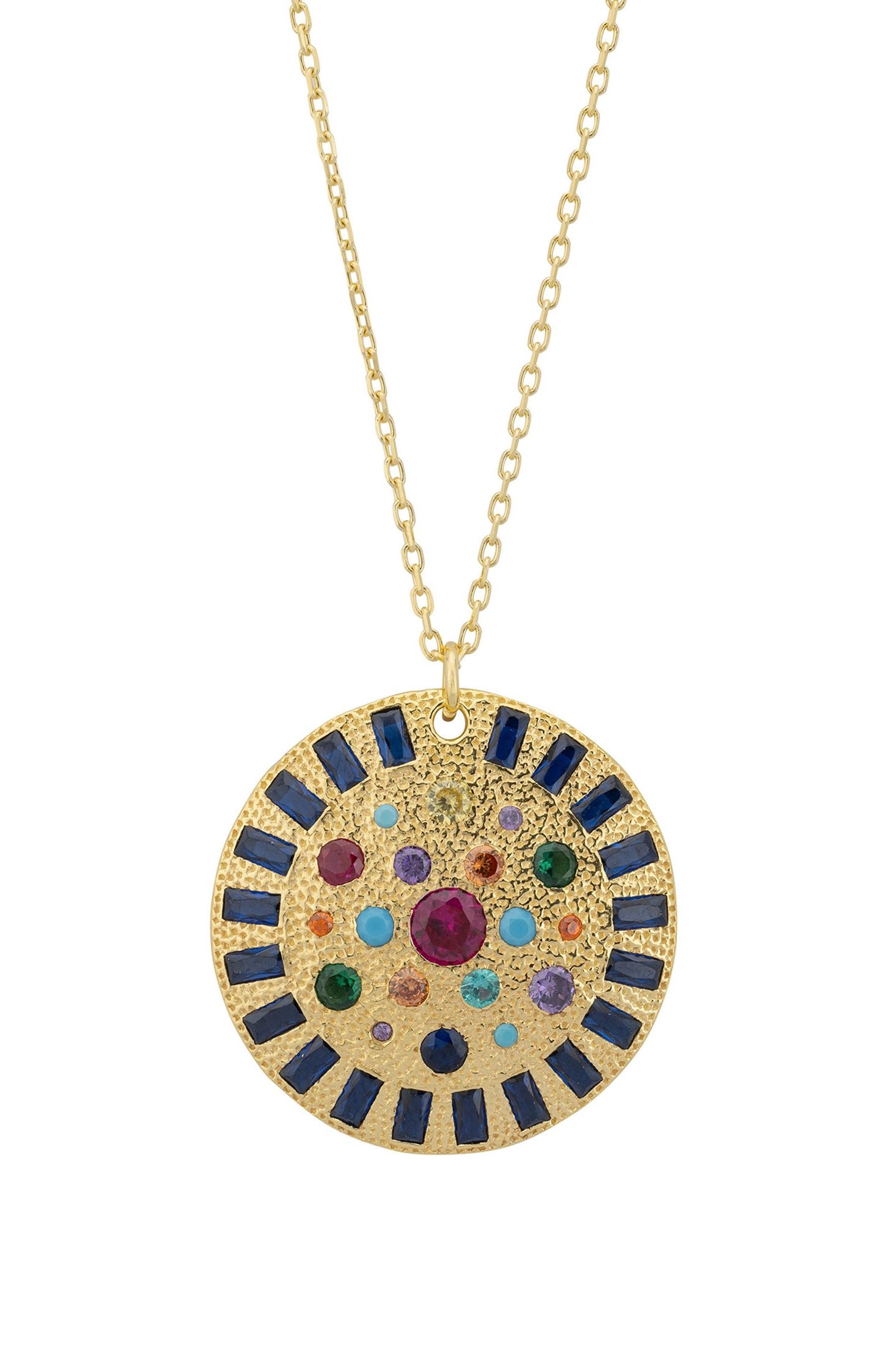 Front view of Ecliptic Mosaic Circle Gemstone Pendant Necklace Gold, showing cat design, cubic zirconia and zirconia detailing, gold finish.
