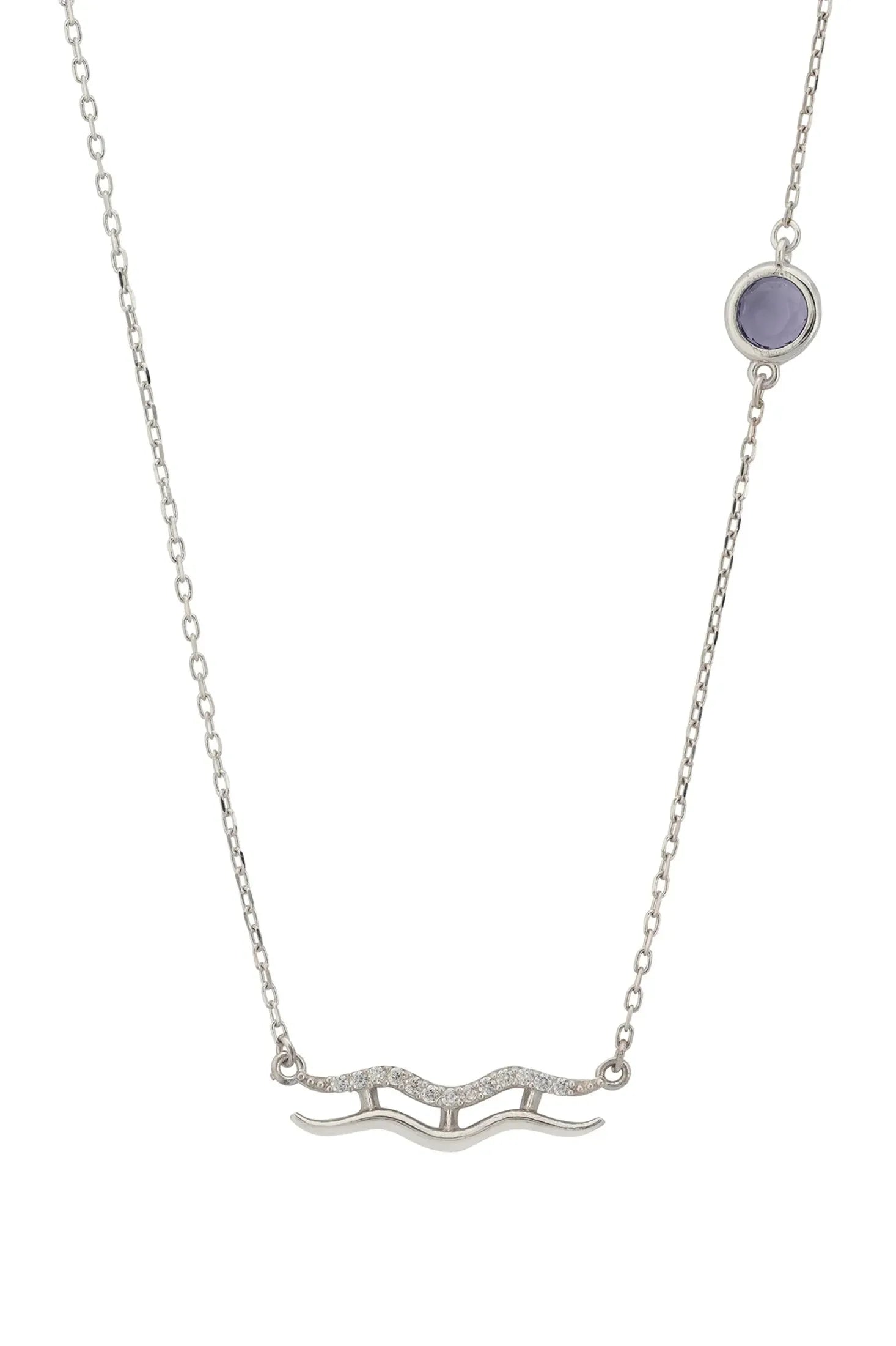 Front view of Zodiac Birthstone Aquarius Necklace Amethyst Silver, showing star design, cubic zirconia and zirconia detailing, silver finish.