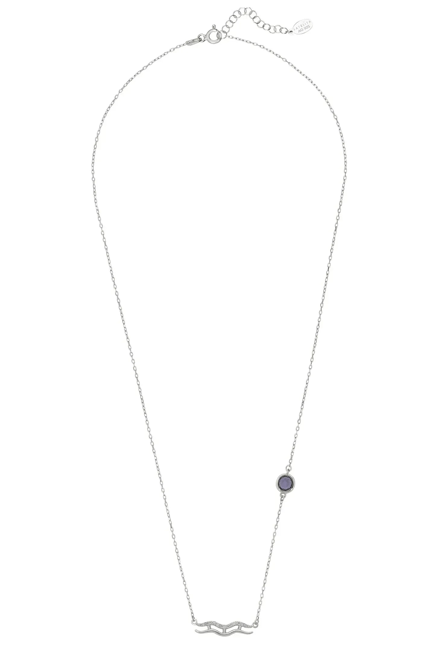 Angled view of Zodiac Birthstone Aquarius Necklace Amethyst Silver, showing zodiac design, amethyst detailing, silver finish and the jewellery profile.