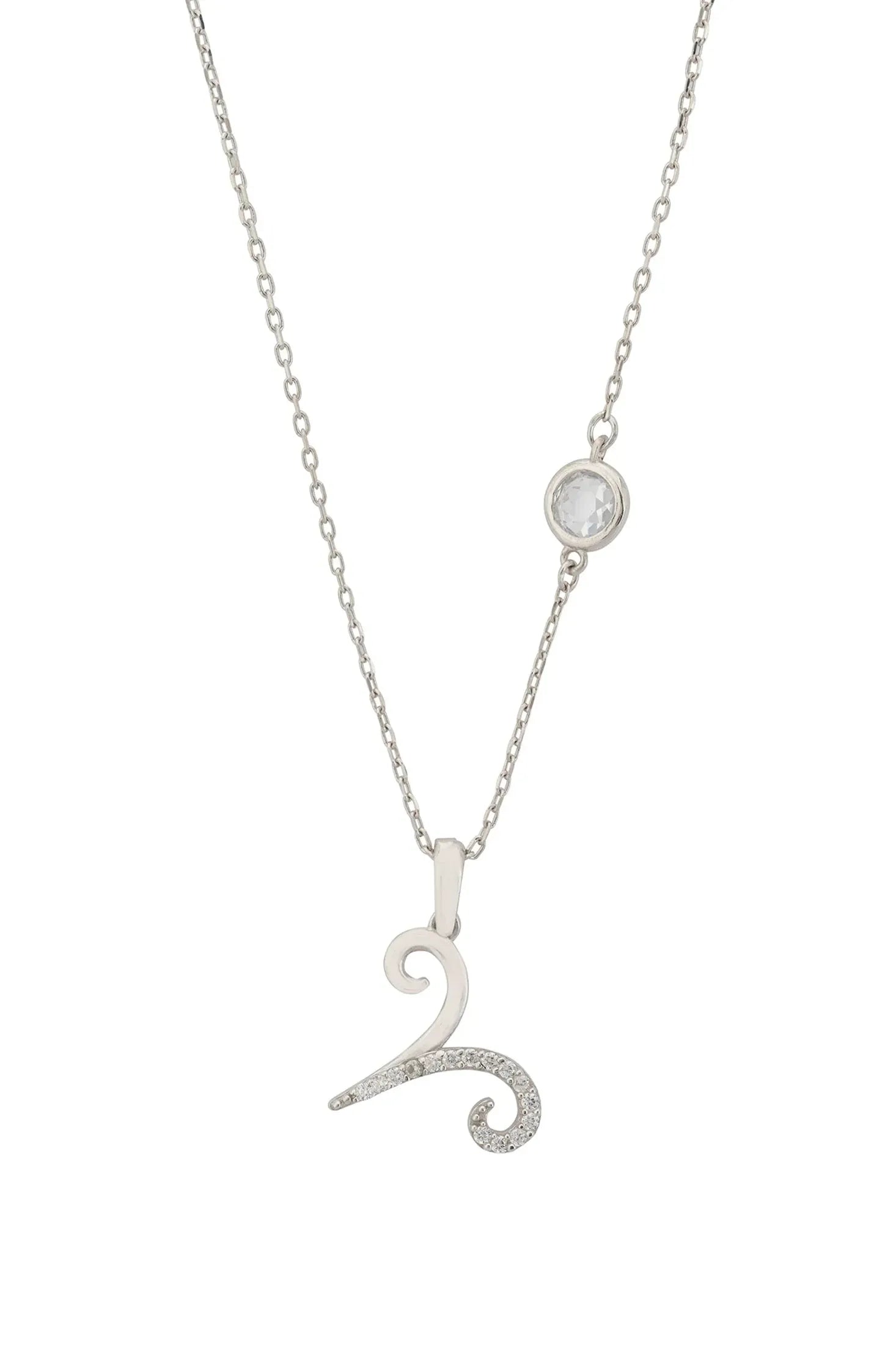 Front view of Zodiac Birthstone Aries Necklace Cubic Zirconia Silver, showing star design, cubic zirconia and zirconia detailing, silver finish.
