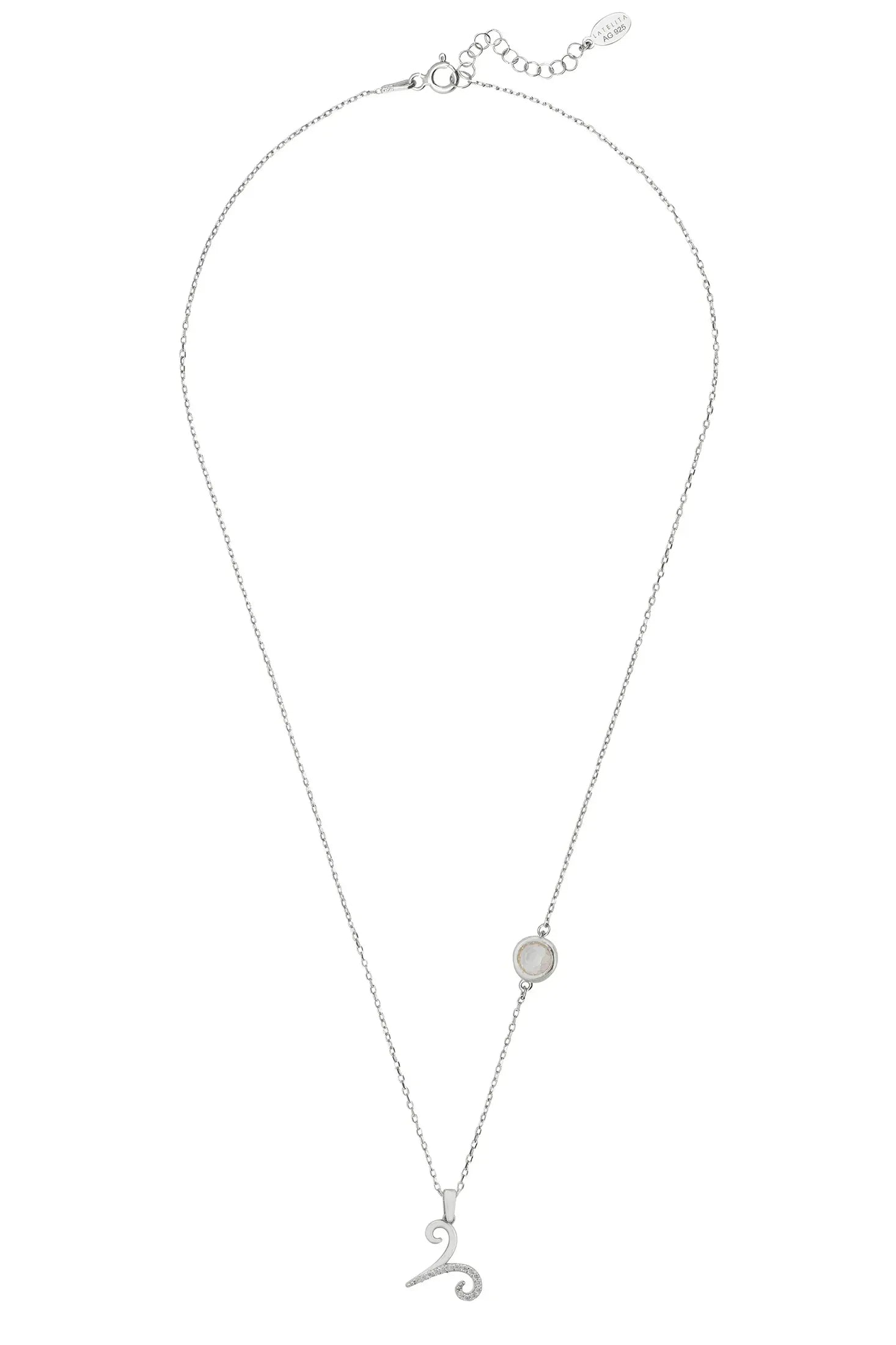Angled view of Zodiac Birthstone Aries Necklace Cubic Zirconia Silver, showing zodiac design, cubic zirconia and zirconia detailing, silver finish and the jewellery profile.