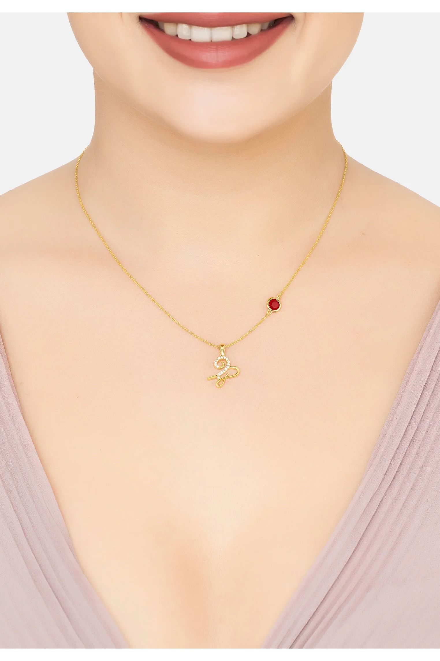 Capricorn sign and birthstone gold necklace worn by a model.