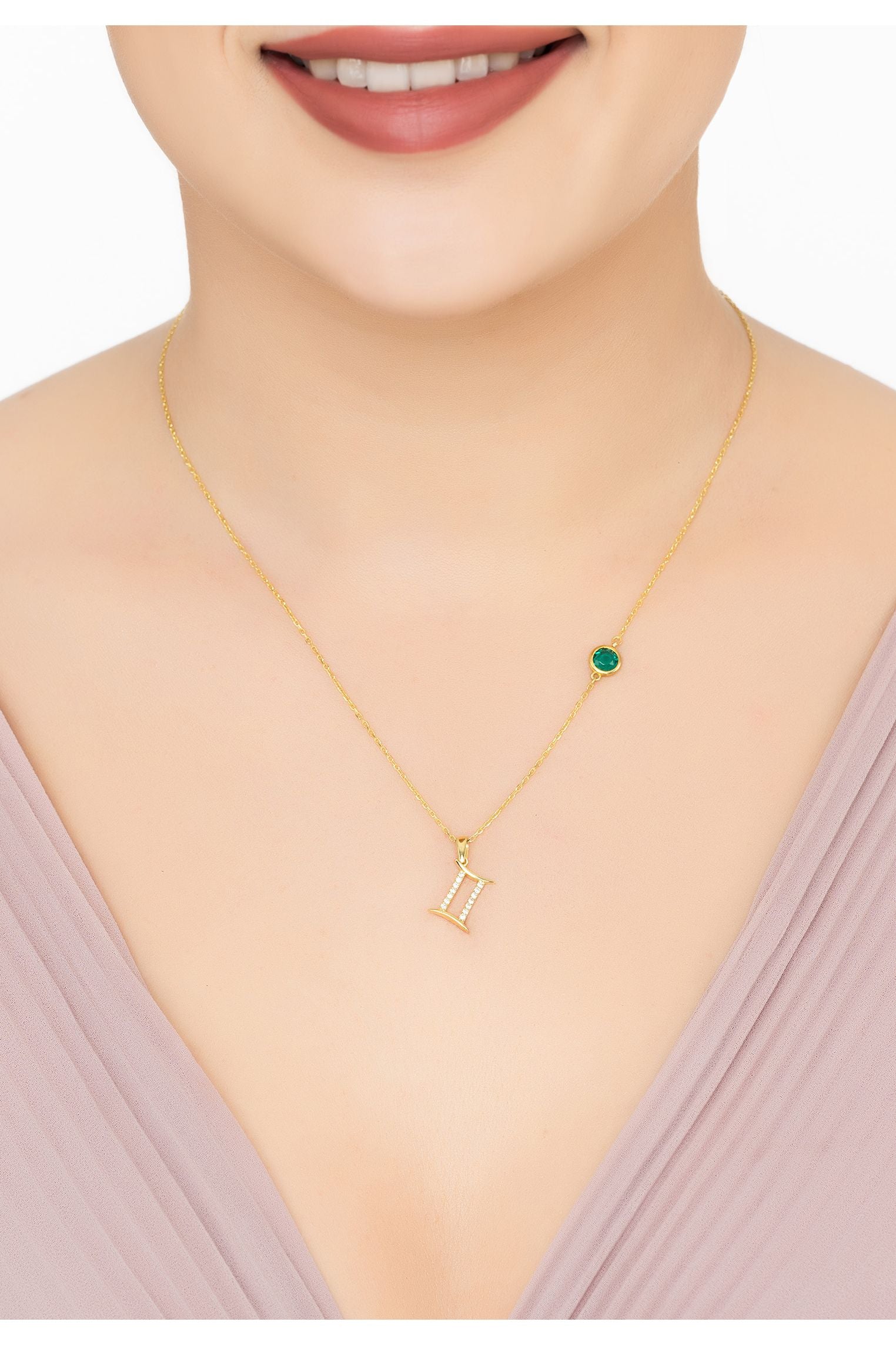 Zodiac Birthstone Gemini Necklace Emerald Gold