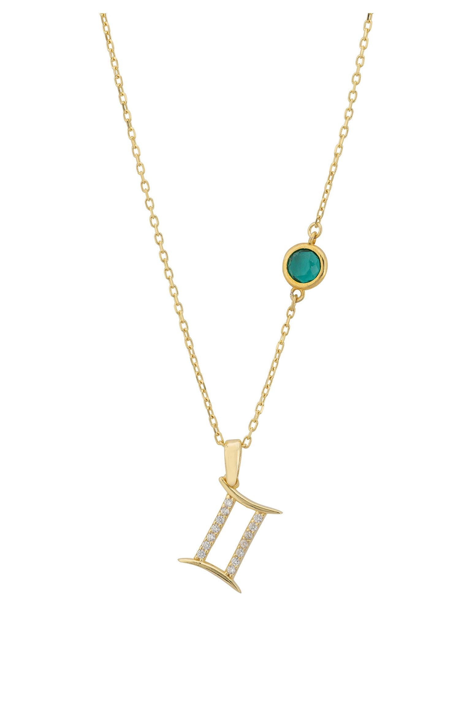 Zodiac Birthstone Gemini Necklace Emerald Gold