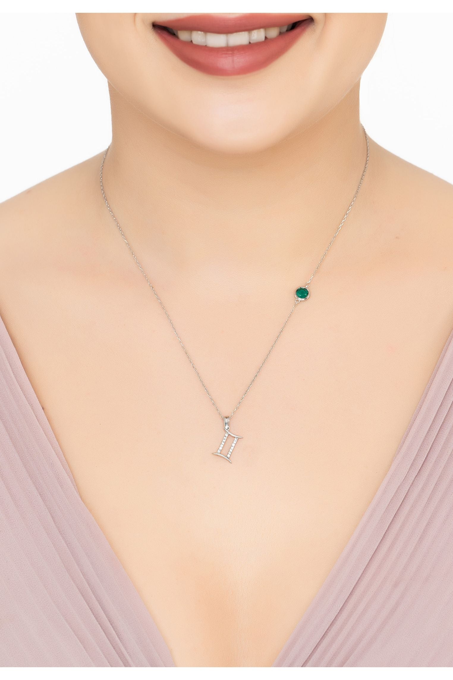 Sternzeichen Geburtsstein Zwilling Halskette Smaragd Silber