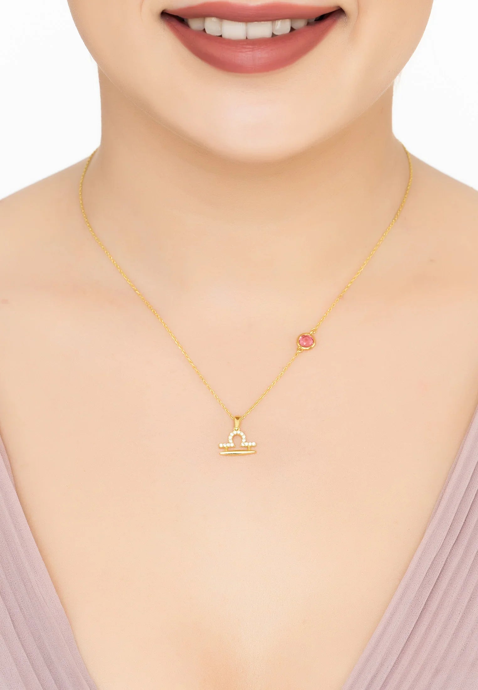 Zodiac Birthstone Libra Necklace Pink Tourmaline Gold
