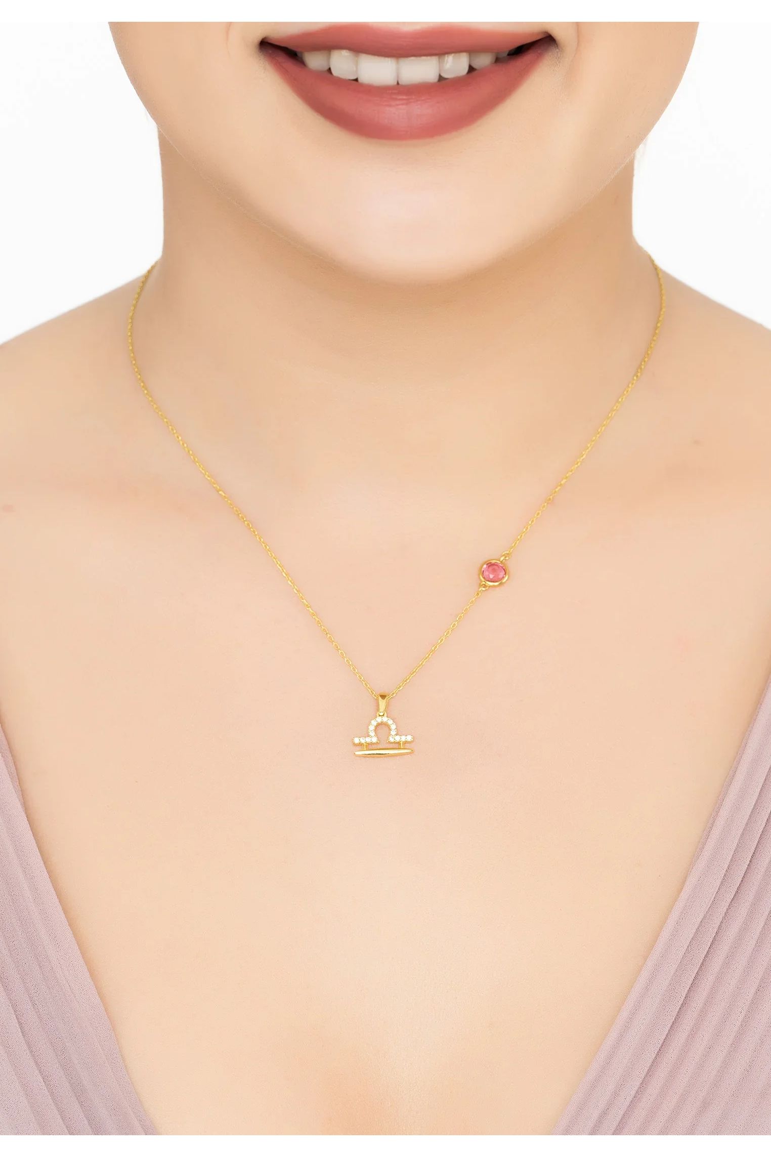 Sternzeichen Geburtsstein Waage Halskette Rosa Turmalin Gold