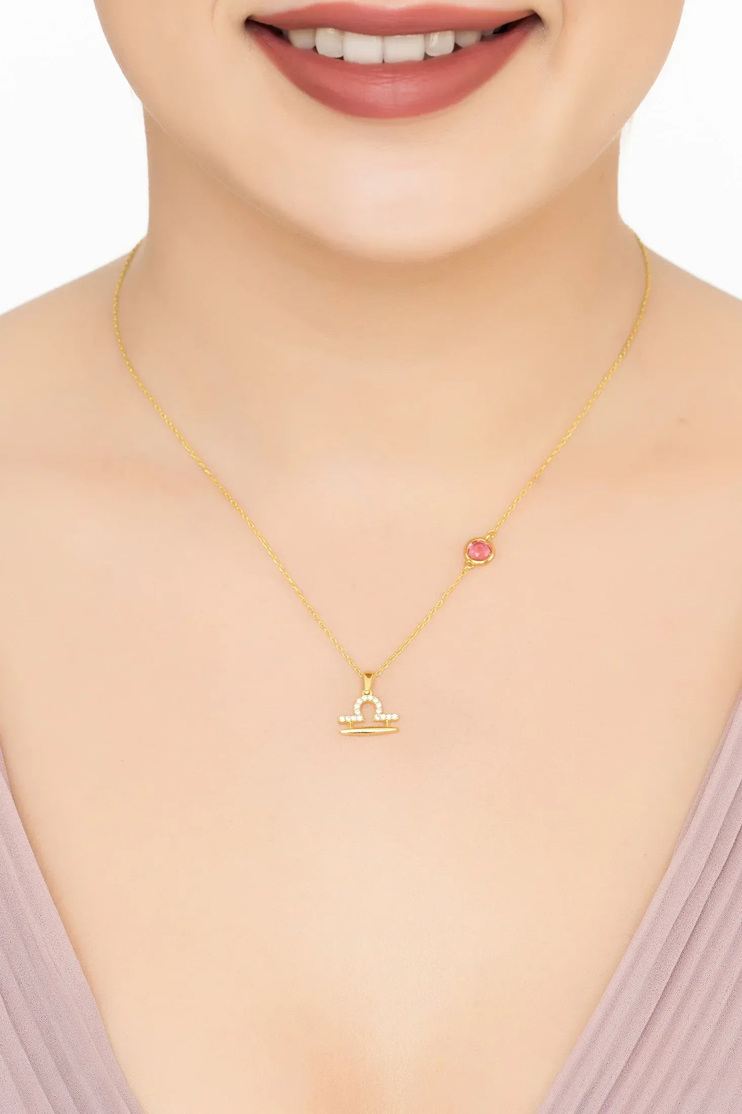 Zodiac Birthstone Libra Necklace Pink Tourmaline Gold