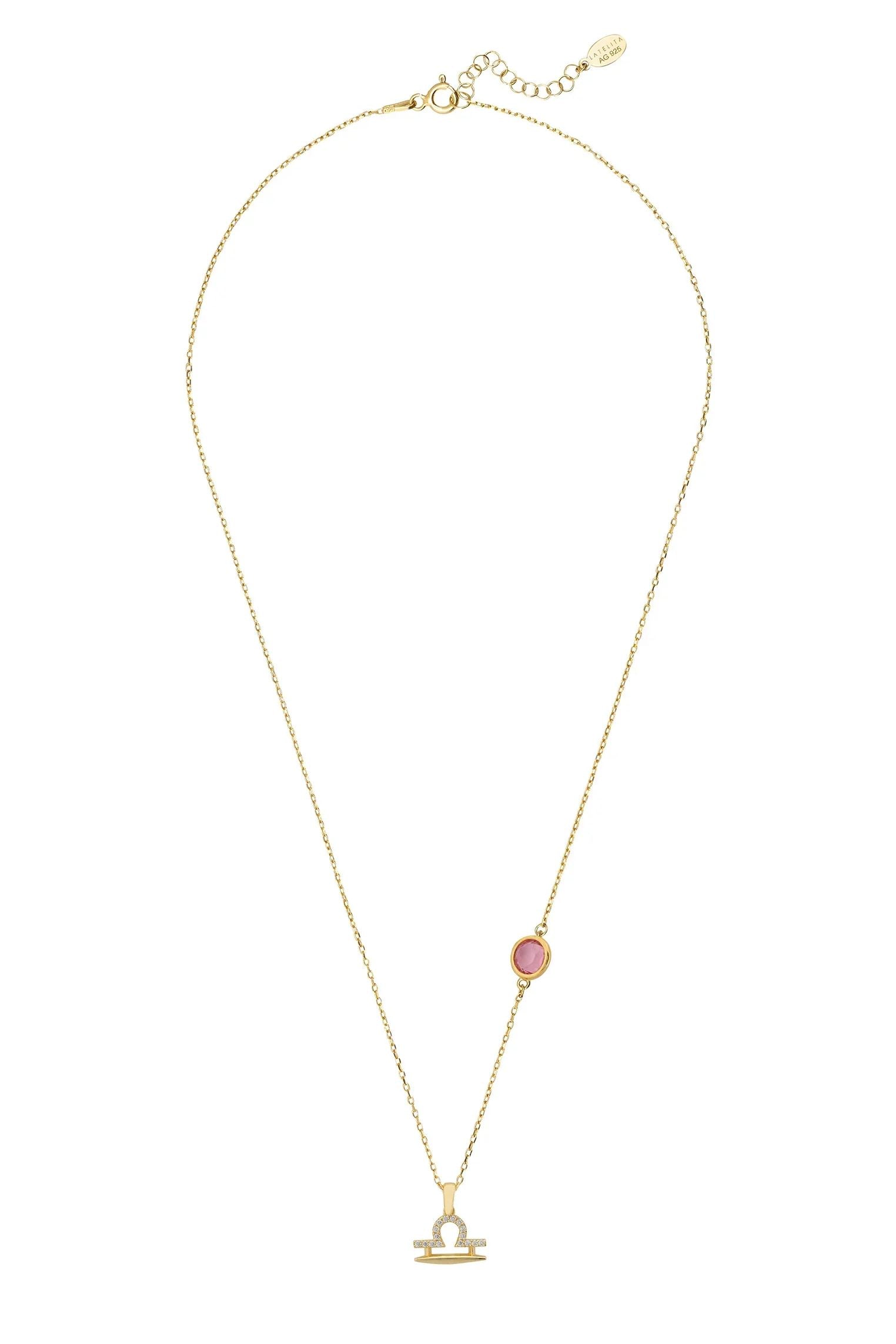 Sternzeichen Geburtsstein Waage Halskette Rosa Turmalin Gold