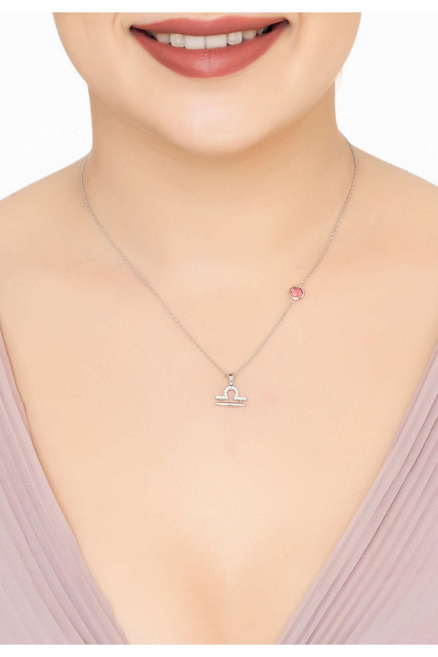 Sternzeichen Geburtsstein Waage Halskette Rosa Turmalin Silber