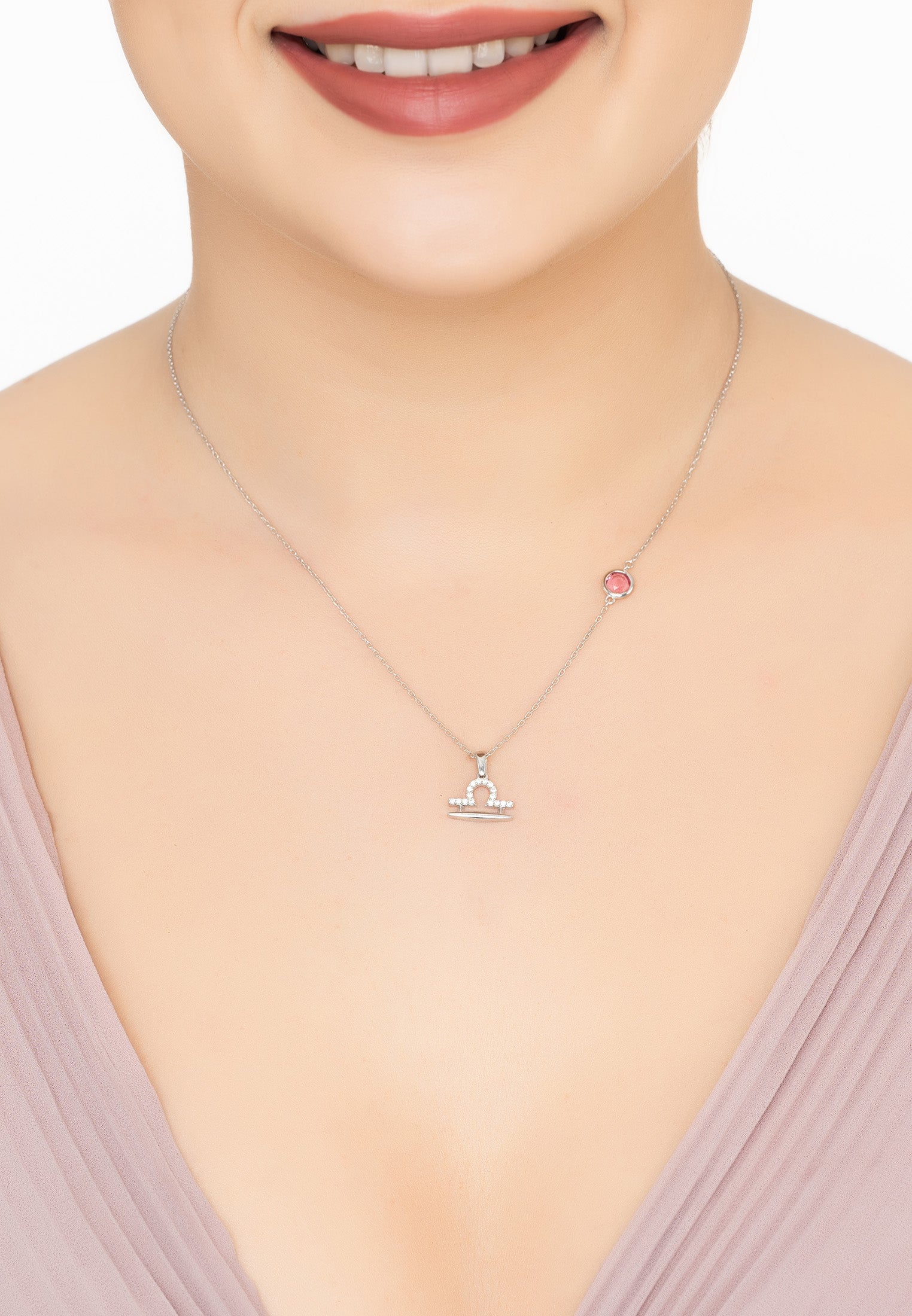 Zodiac Birthstone Libra Necklace Pink Tourmaline Silver