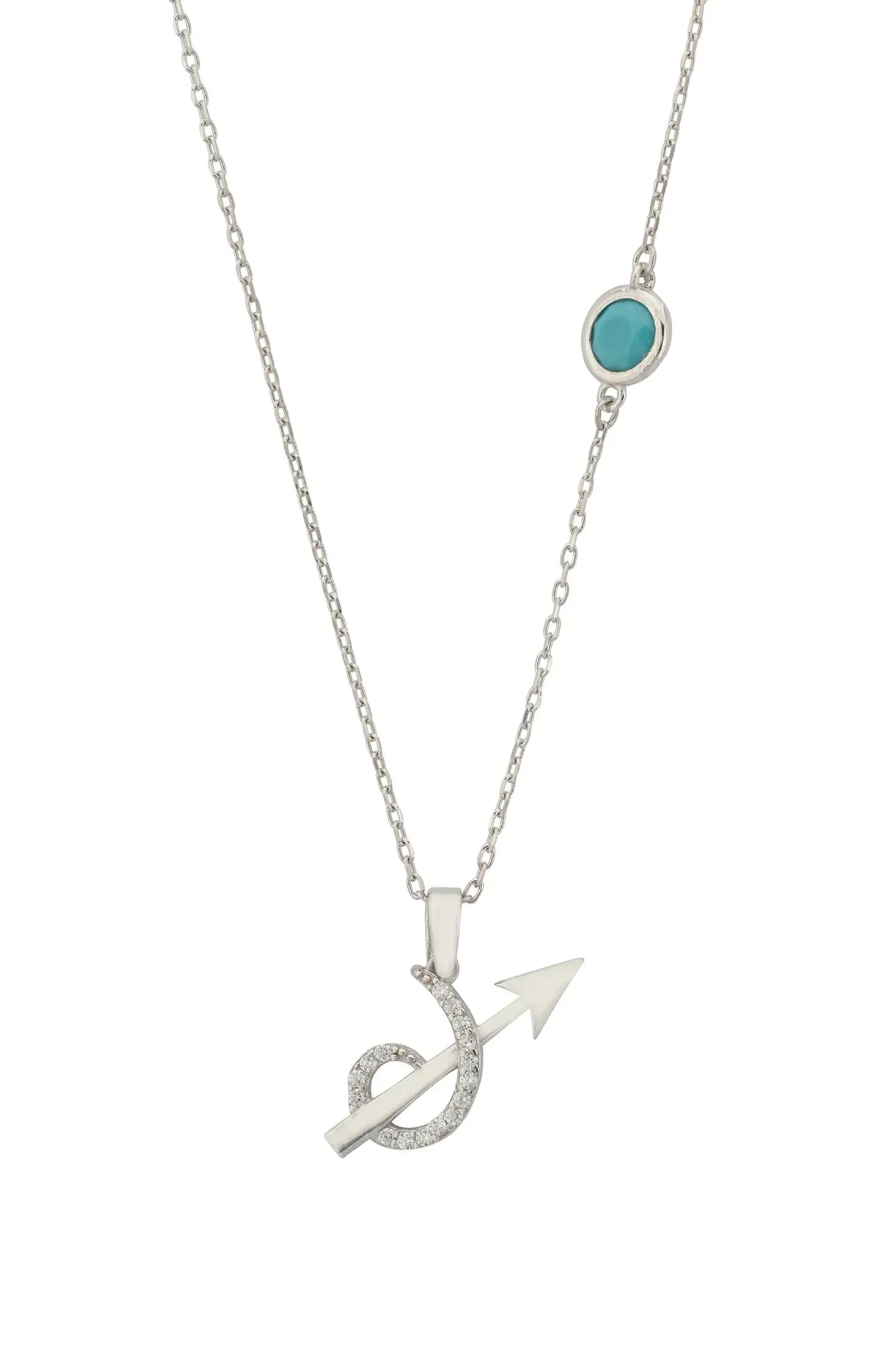 Front view of Zodiac Birthstone Sagittarius Necklace Turquoise Silver, showing zodiac design, cubic zirconia and zirconia detailing, silver finish.
