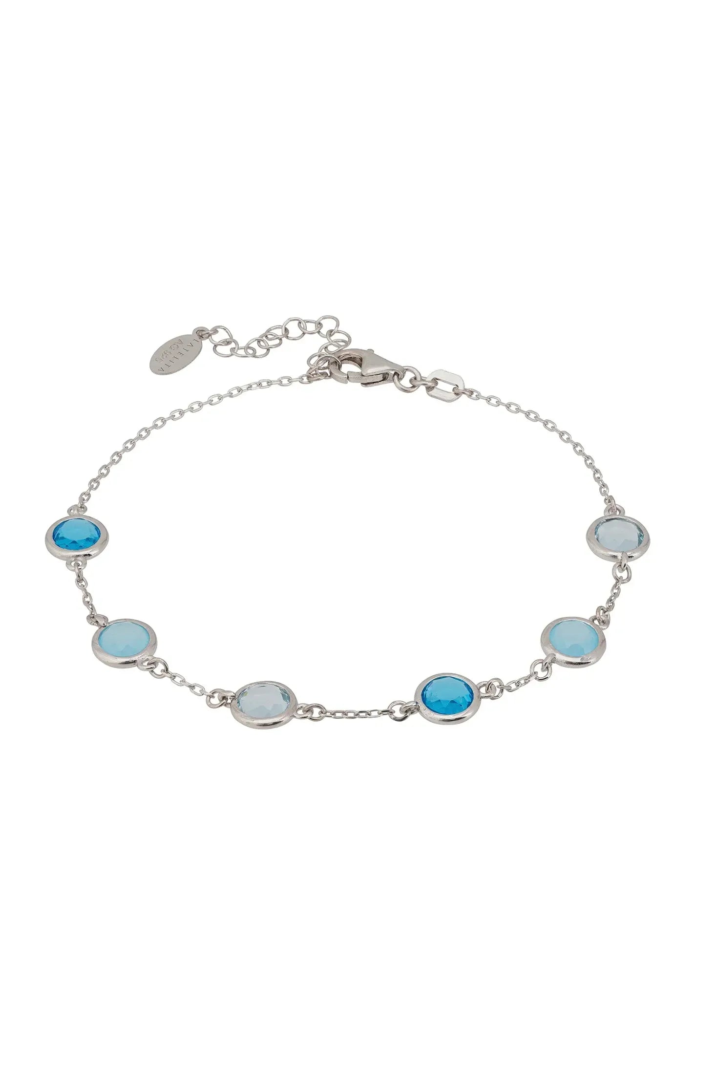 Front view of Sardinia Bracelet Silver The Blues, showing heart design, blue topaz and chalcedony detailing, silver finish.