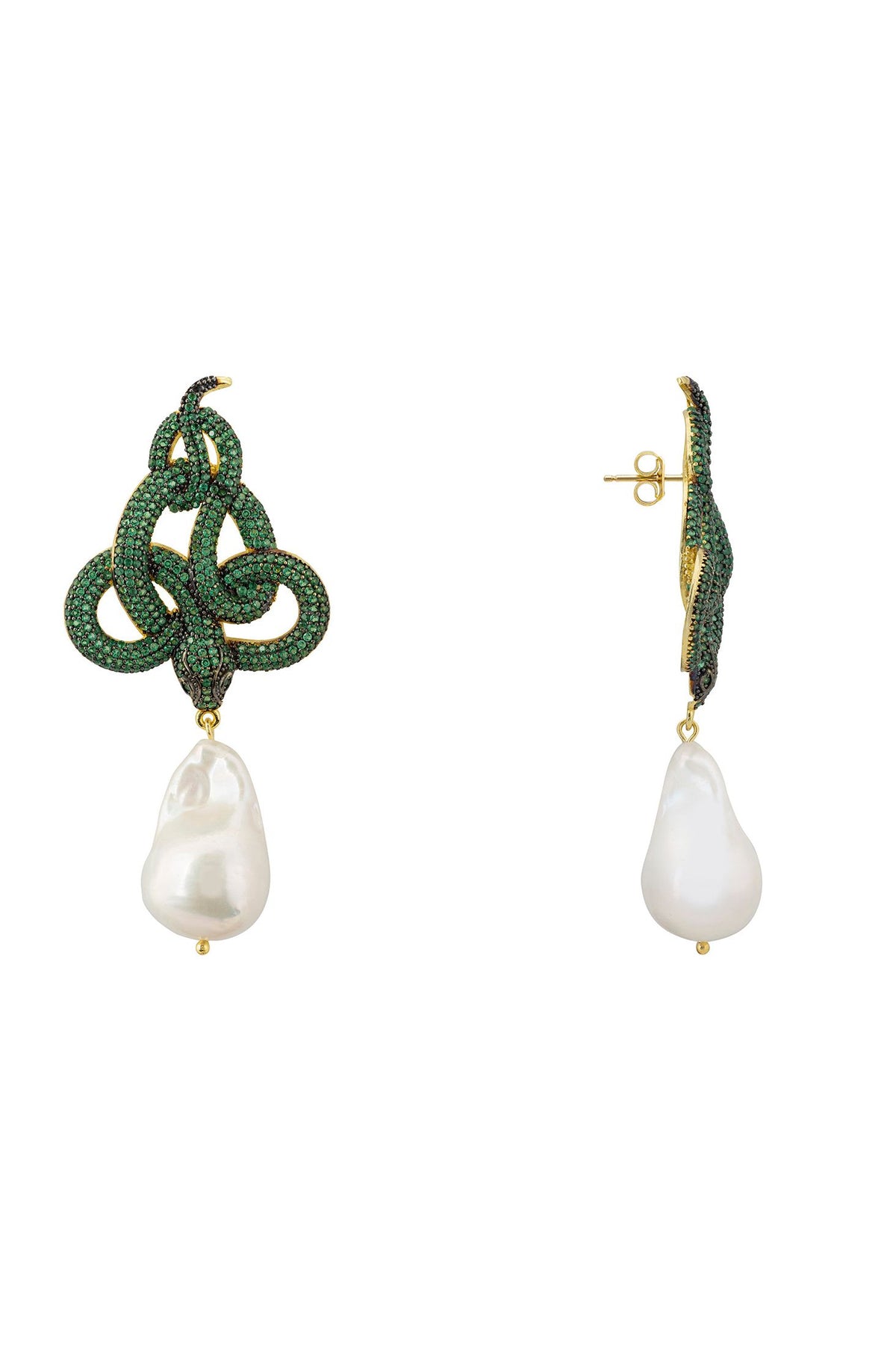Angled view of Viper Snake Baroque Pearl Drop Earrings Gold Emerald CZ, showing snake design, baroque pearl and pearl detailing, gold finish and the jewellery profile.