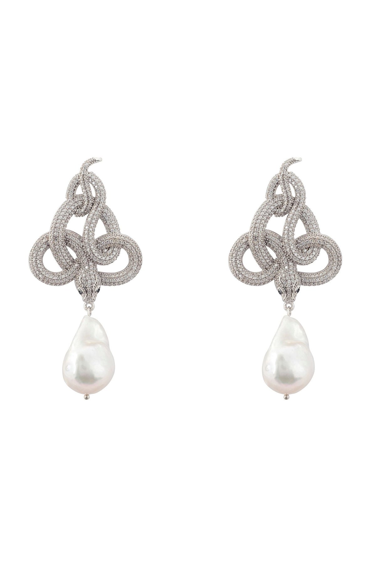 Front view of Viper Snake Baroque Pearl Drop Earrings Silver White CZ, showing snake design, cubic zirconia and zirconia detailing, silver finish.