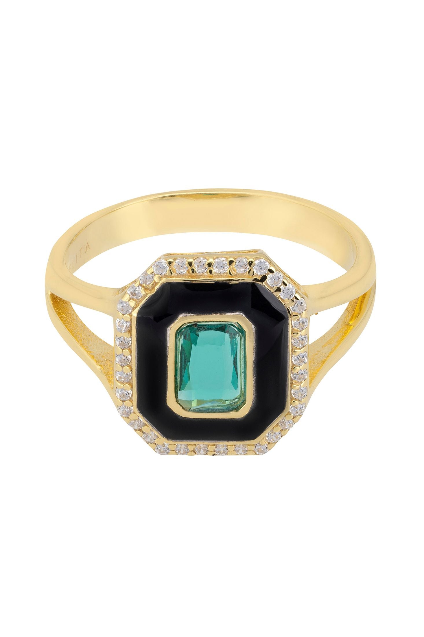 Angled view of Art Deco Emerald And Enamel Cocktail Ring Gold, showing emerald detailing, gold finish and the jewellery profile.