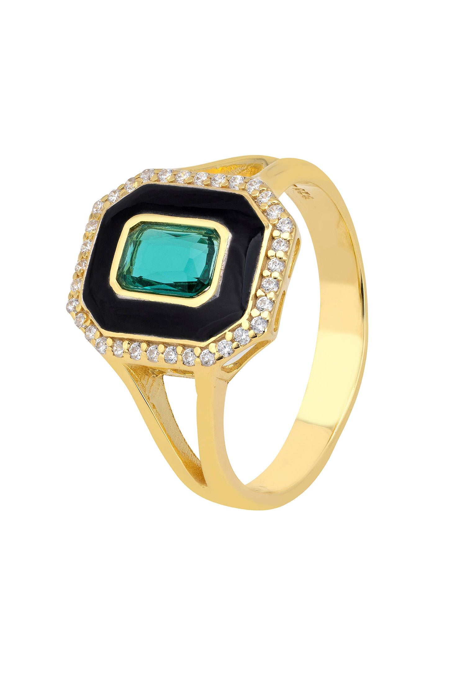 Front view of Art Deco Emerald And Enamel Cocktail Ring Gold, showing star design, cubic zirconia and zirconia detailing, gold finish.