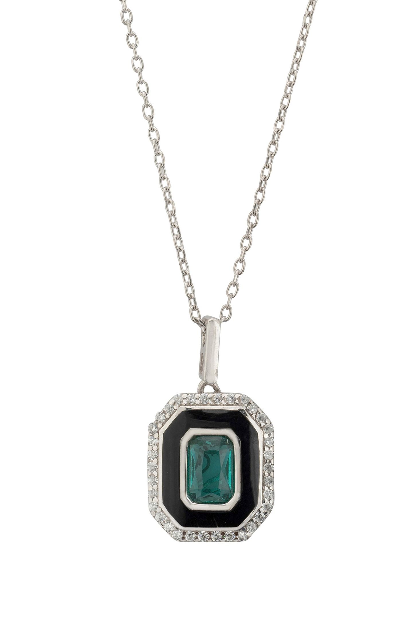 Front view of Art Deco Emerald And Enamel Pendant Necklace Silver, showing cat design, cubic zirconia and zirconia detailing, silver finish.