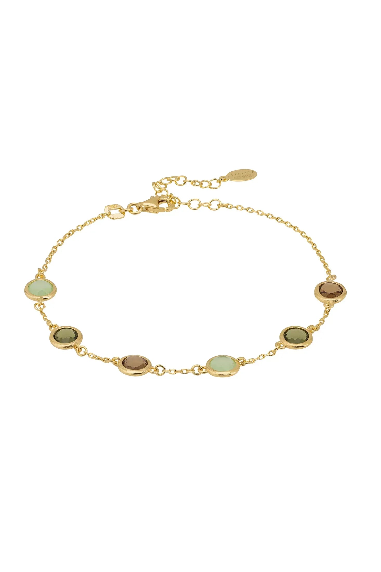 Front view of Sardinia Bracelet Gold The Greens, showing smokey quartz and aqua chalcedony detailing, gold finish.