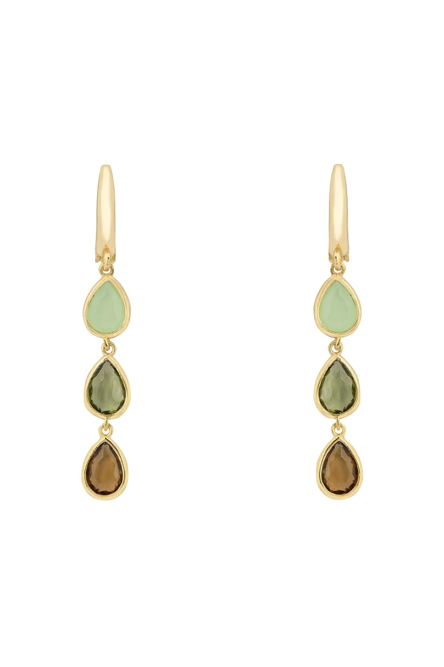 Front view of Sardinia Triple Teardrop Earrings Gold The Greens, showing feather design, smokey quartz and aqua chalcedony detailing, gold finish.
