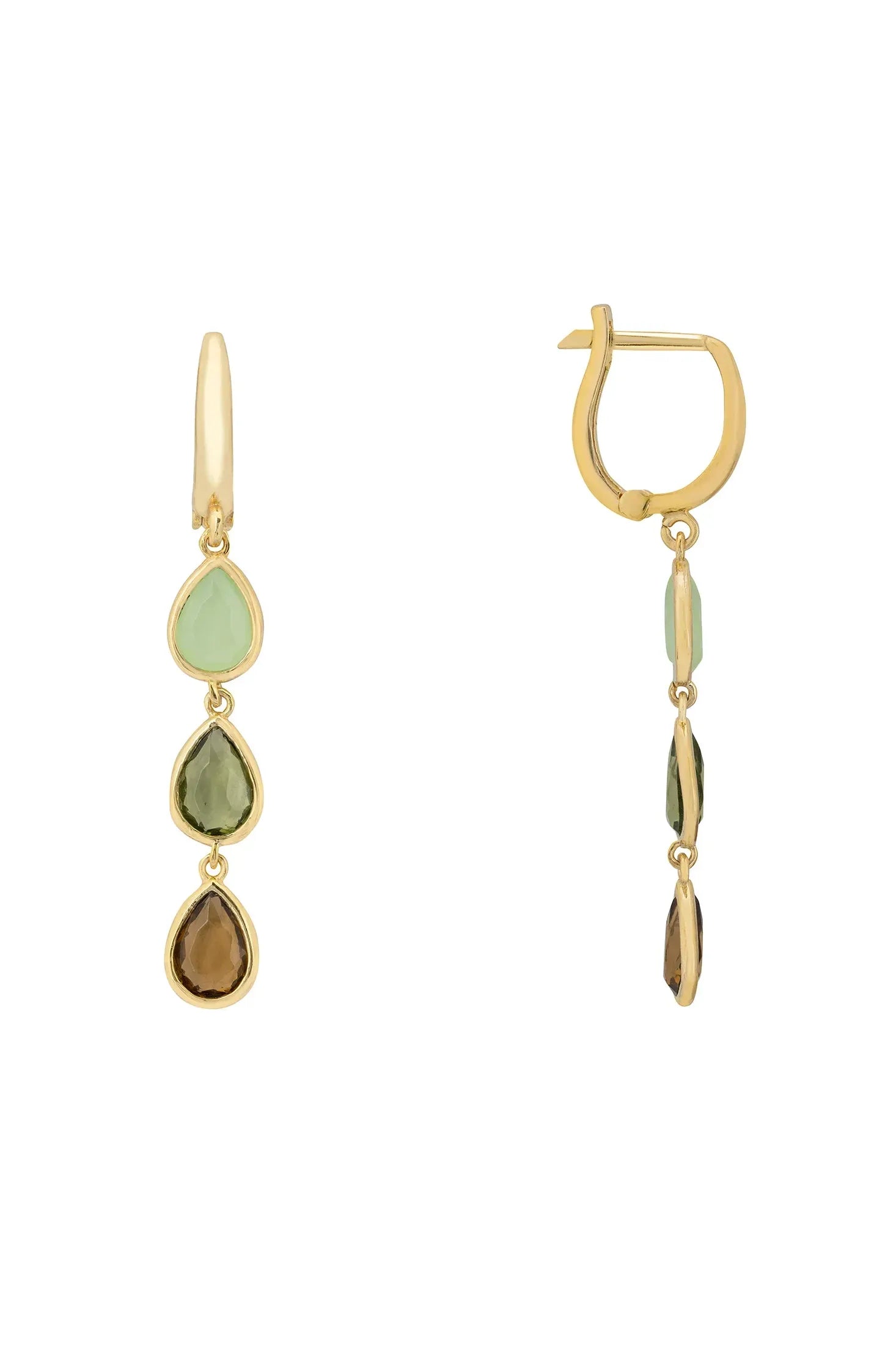 Angled view of Sardinia Triple Teardrop Earrings Gold The Greens, showing gold finish and the jewellery profile.