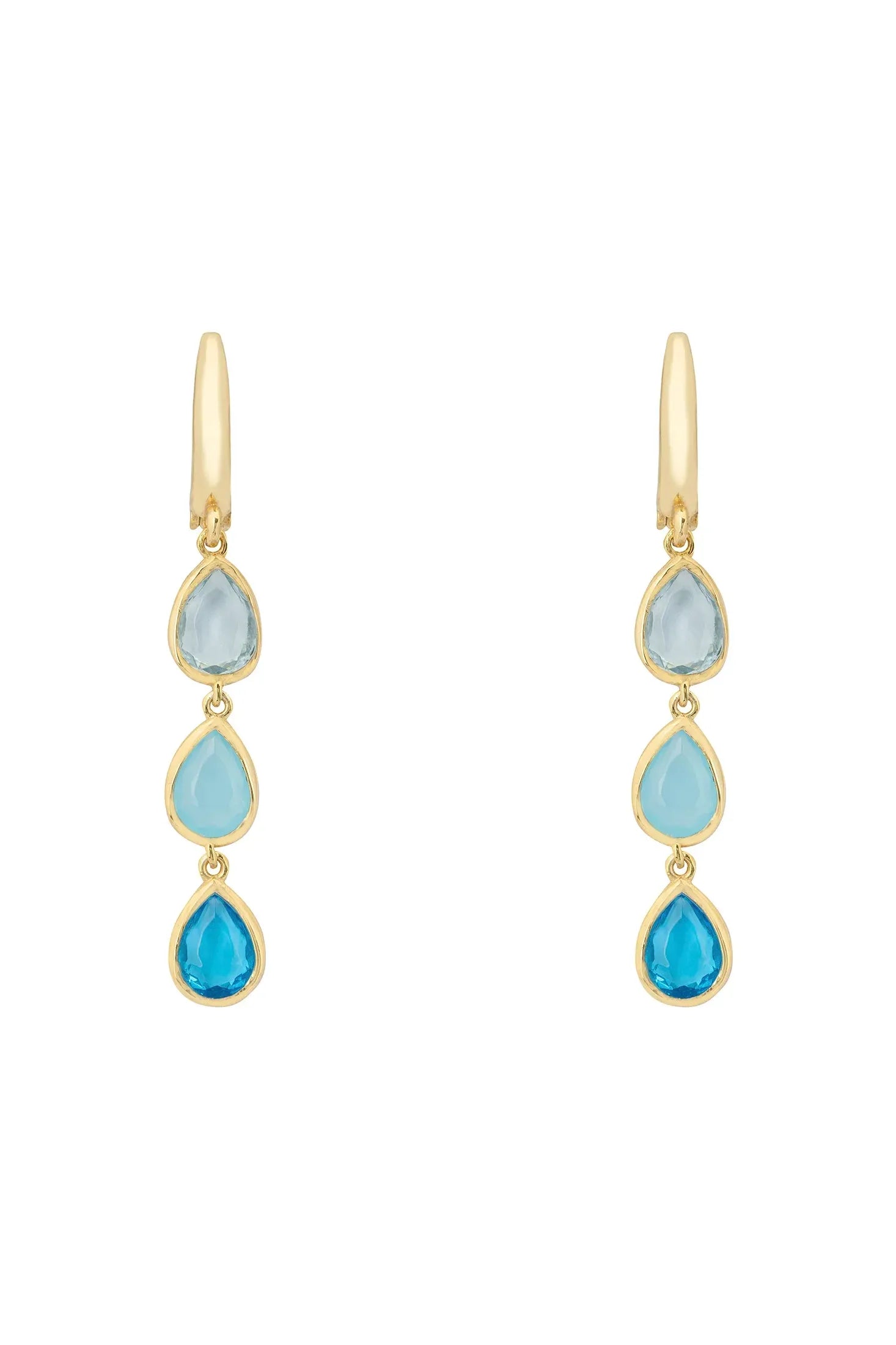 Front view of Sardinia Triple Teardrop Earrings Gold The Blues, showing heart design, blue topaz and chalcedony detailing, gold finish.