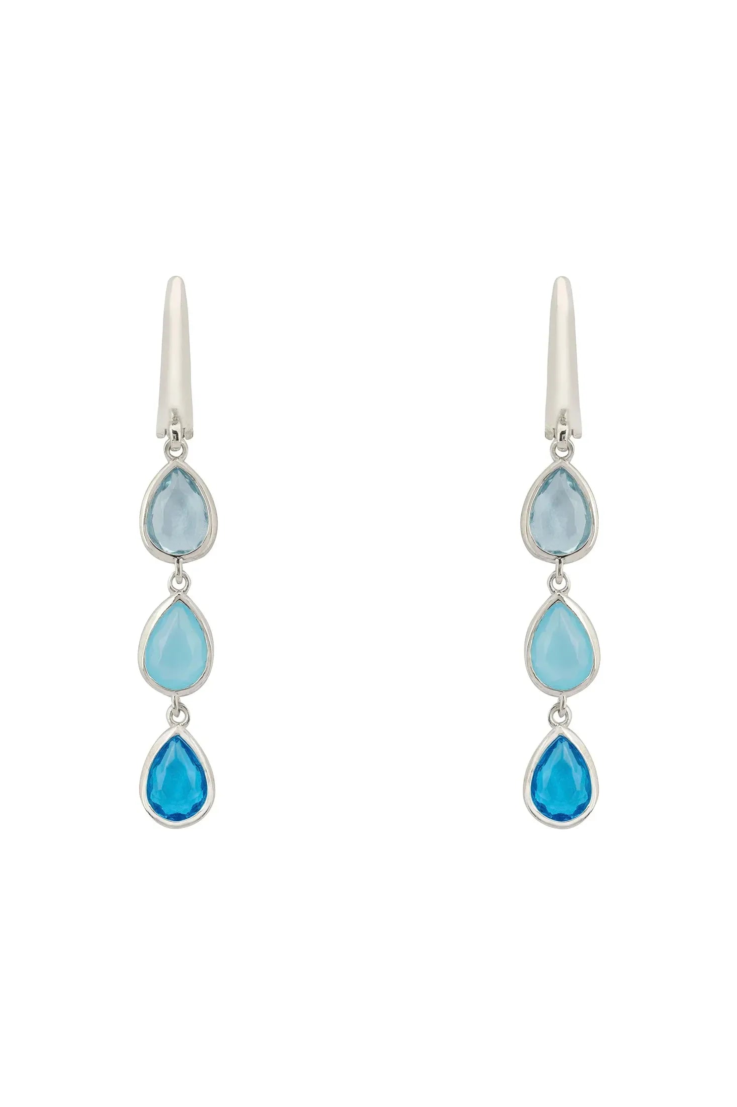 Front view of Sardinia Triple Teardrop Earrings Silver The Blues, showing heart design, blue topaz and chalcedony detailing, silver finish.