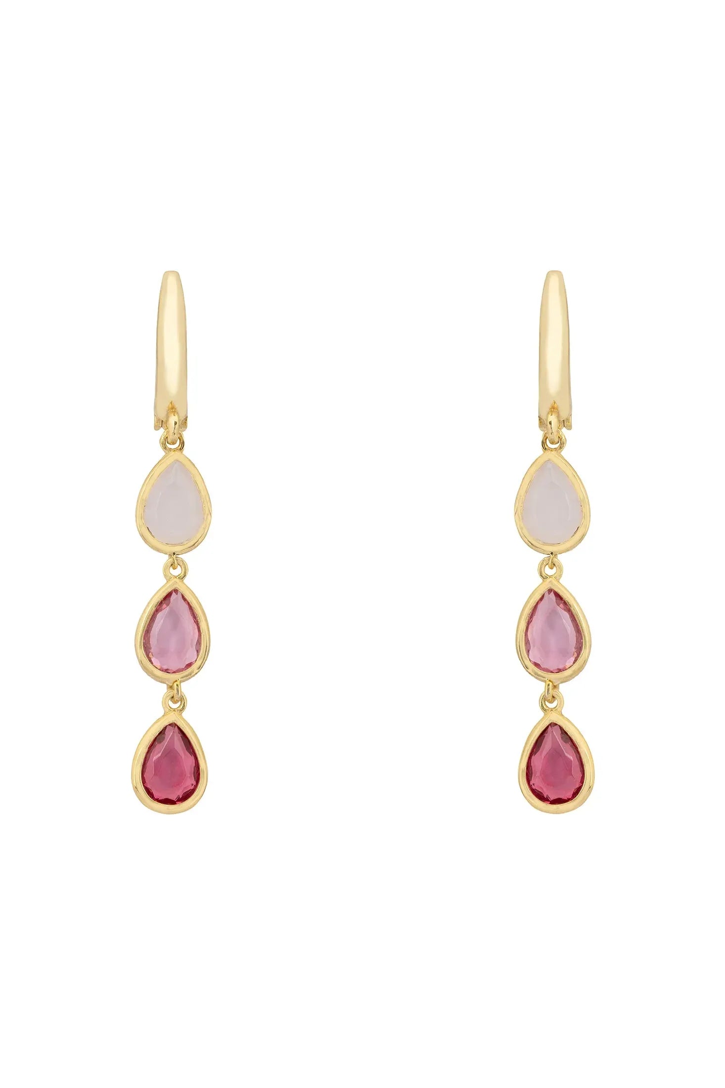Front view of Sardinia Triple Teardrop Earrings Gold The Pinks, showing heart design, rose quartz and ruby detailing, gold finish.