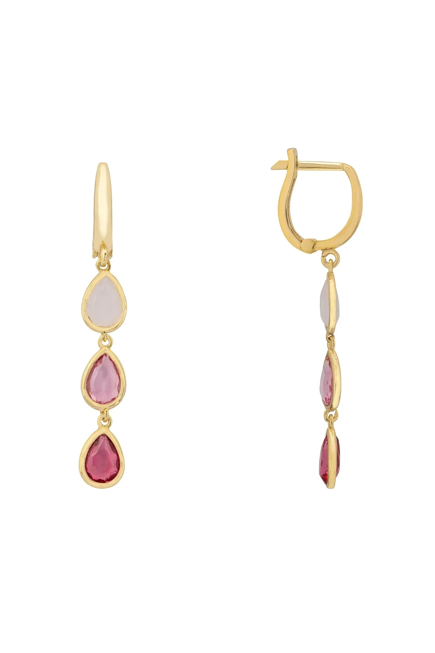 Angled view of Sardinia Triple Teardrop Earrings Gold The Pinks, showing gold finish and the jewellery profile.