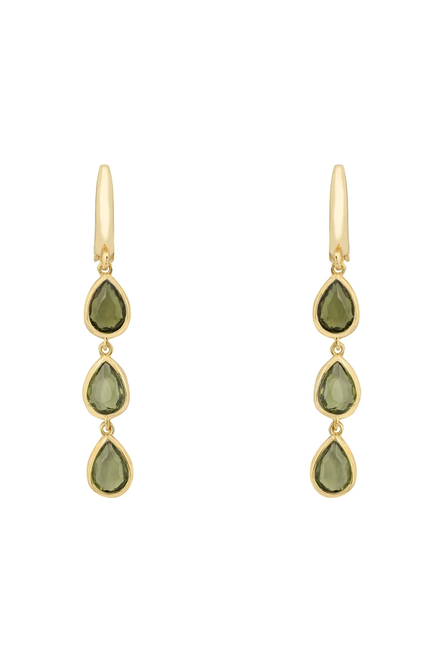 Front view of Sardinia Triple Teardrop Earrings Gold Peridot, showing sun design, peridot detailing, gold finish.