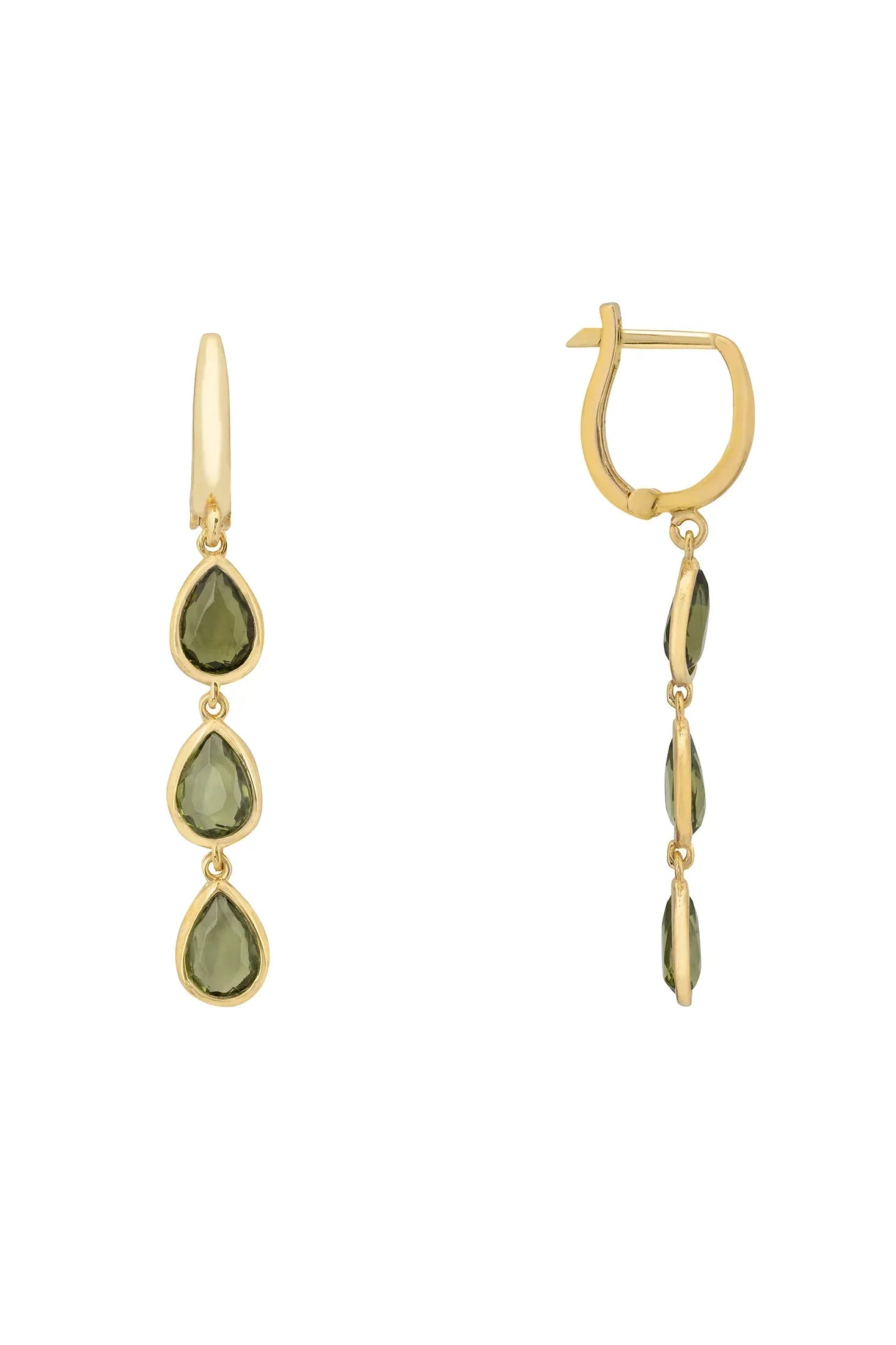 Angled view of Sardinia Triple Teardrop Earrings Gold Peridot, showing peridot detailing, gold finish and the jewellery profile.