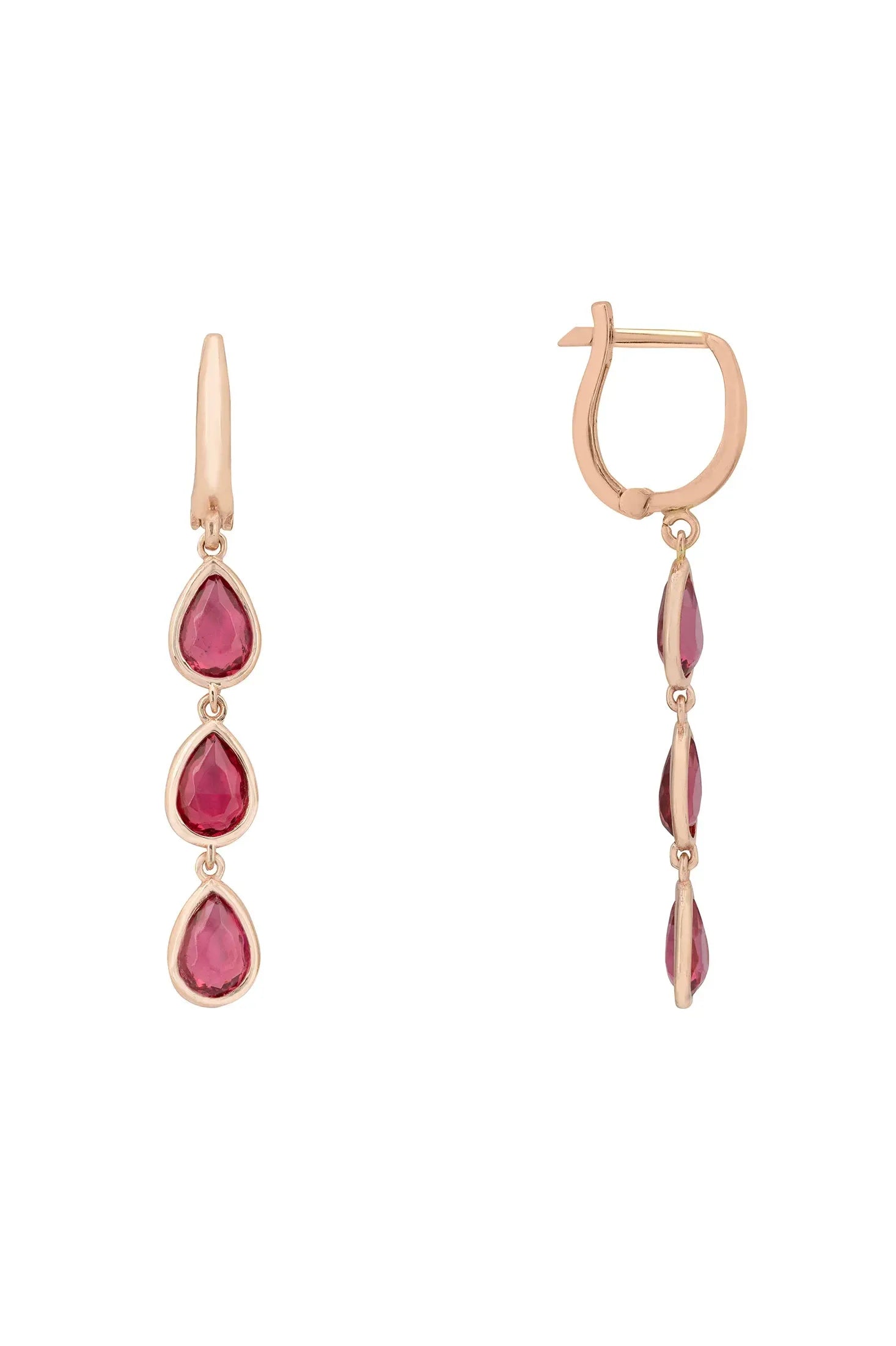 Angled view of Sardinia Triple Teardrop Earrings Rose Gold Pink Tourmaline, showing rose gold finish and the jewellery profile.