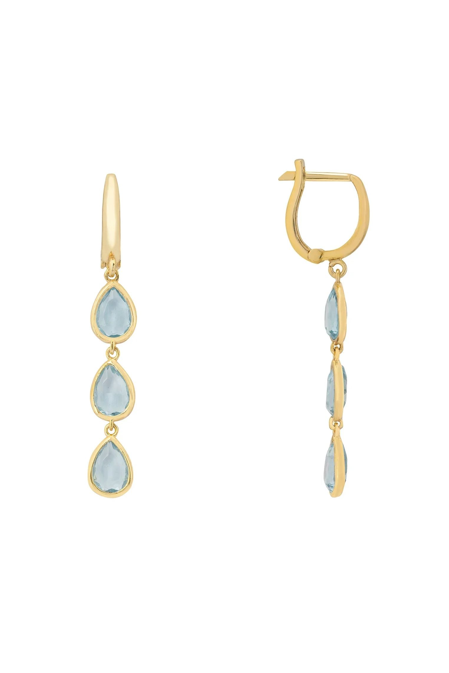 Sardinia Triple Teardrop Earrings Gold Blue Topaz
