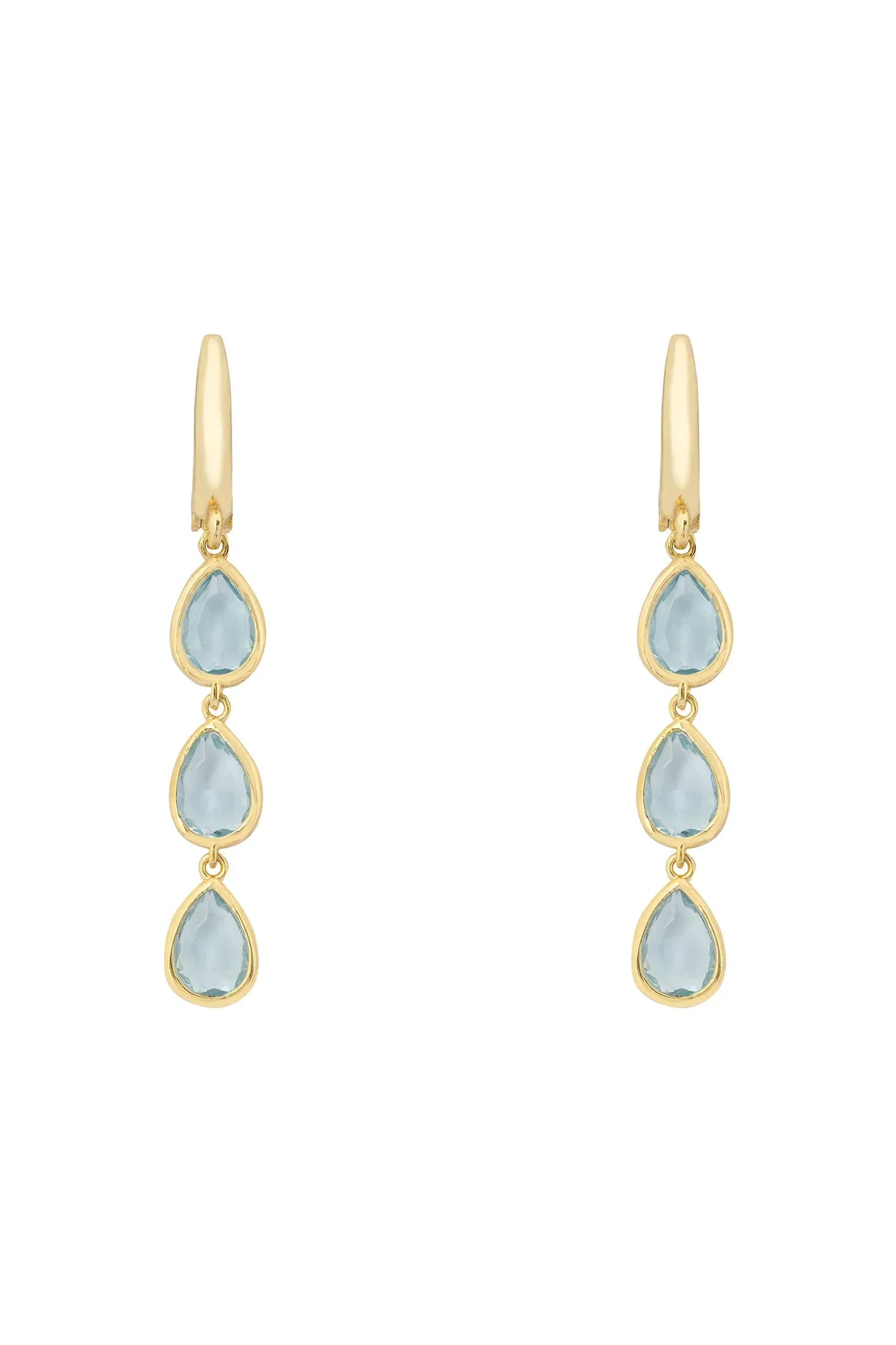 Front view of Sardinia Triple Teardrop Earrings Gold Blue Topaz, showing cat design, blue topaz and crystal detailing, gold finish.