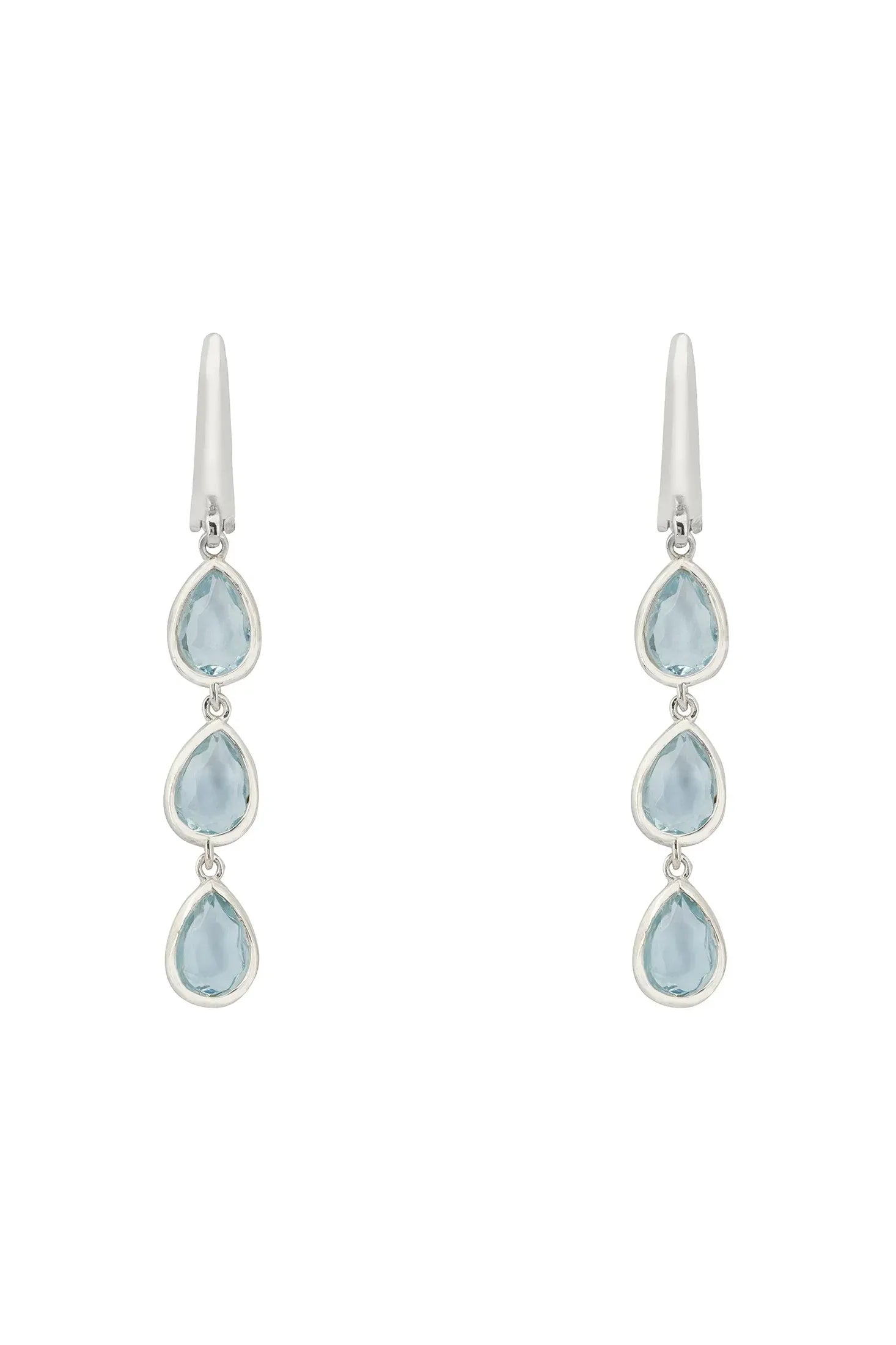 Front view of Sardinia Triple Teardrop Earrings Silver Blue Topaz, showing cat design, blue topaz and crystal detailing, gold finish.