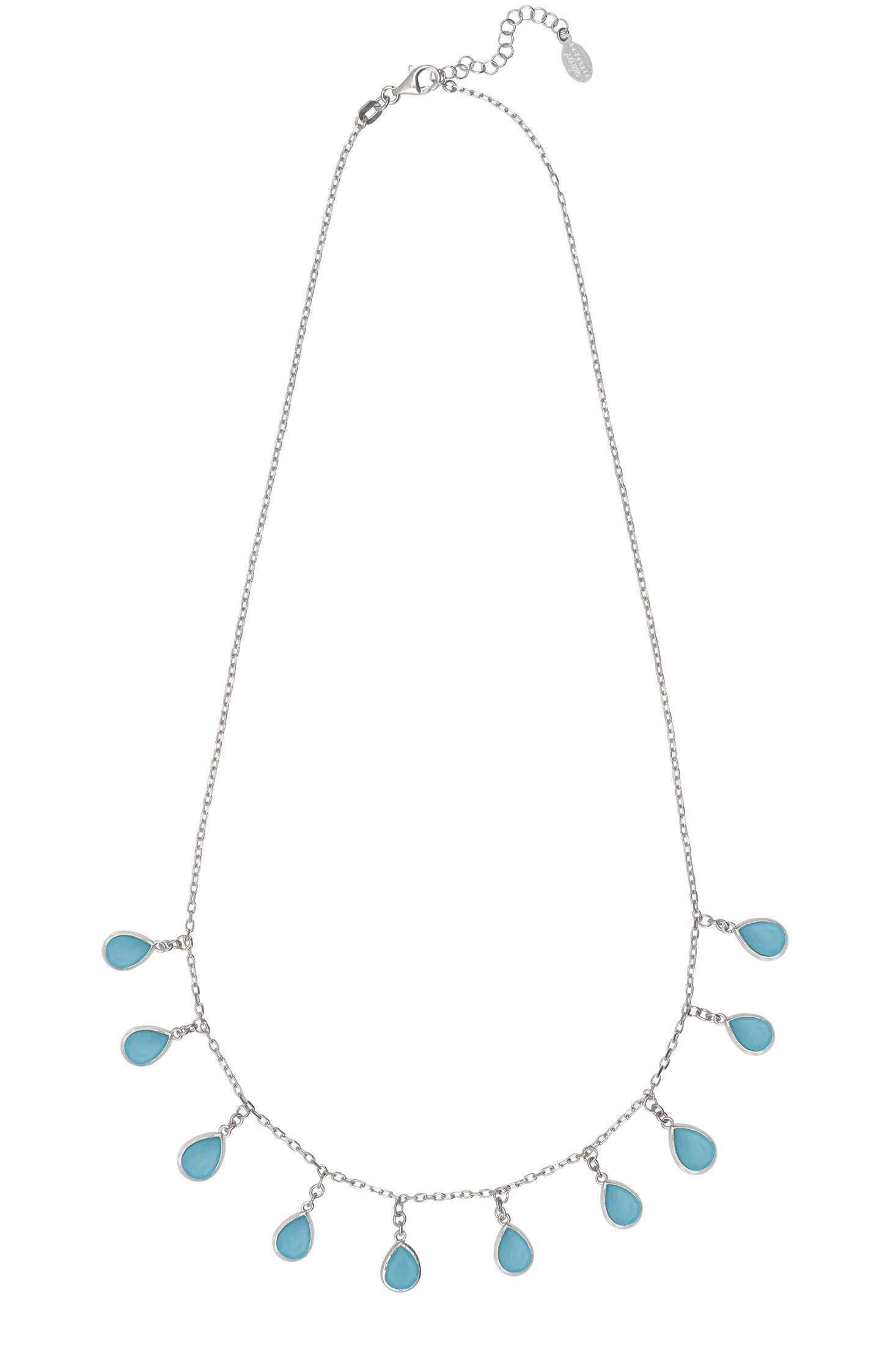 Angled view of Florence Teardrop Gemstone Necklace Silver Blue Chalcedony, showing chalcedony detailing, silver finish and the jewellery profile.