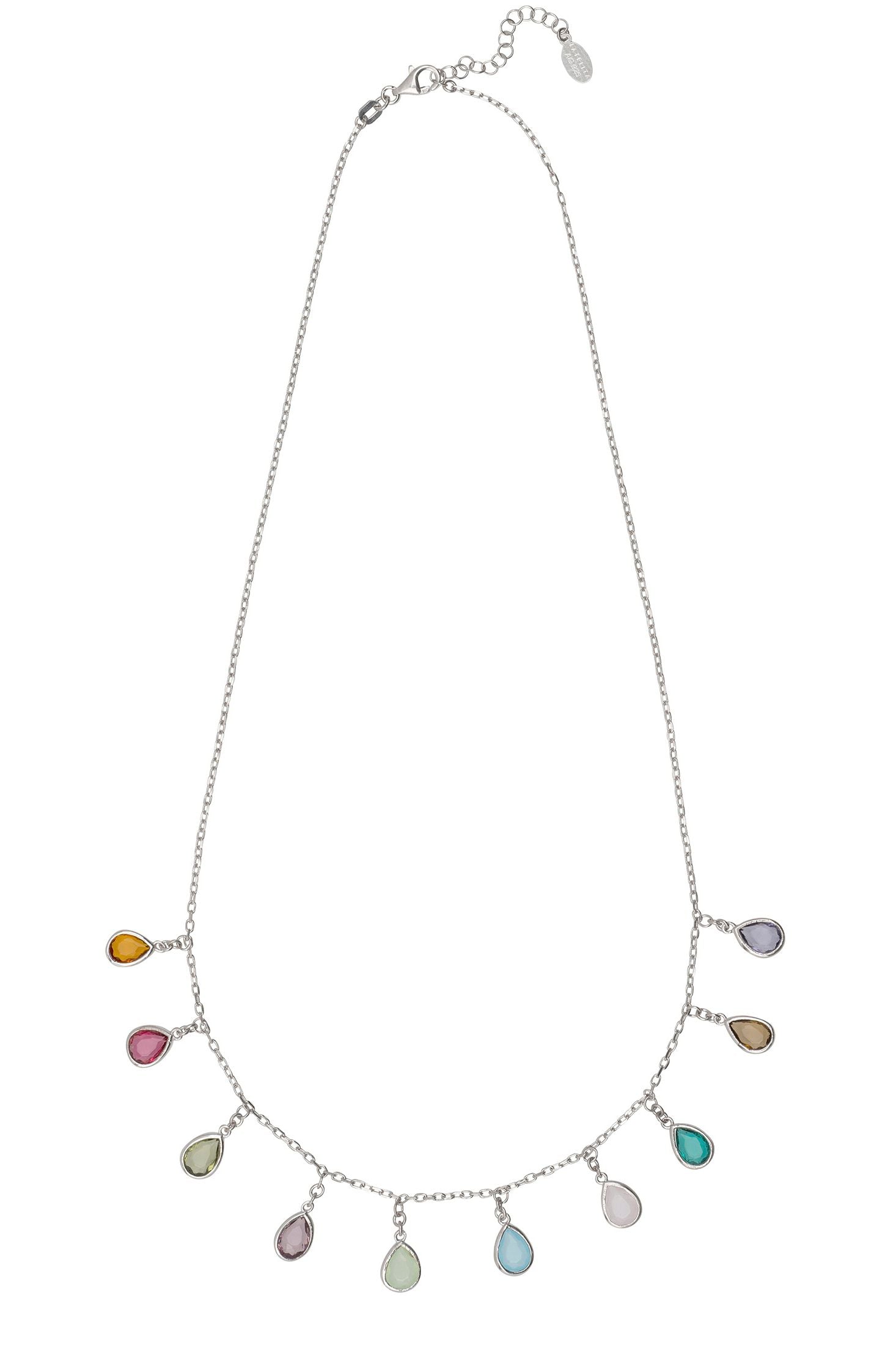 Angled view of Florence Teardrop Gemstone Necklace Silver Multi Coloured, showing silver finish and the jewellery profile.
