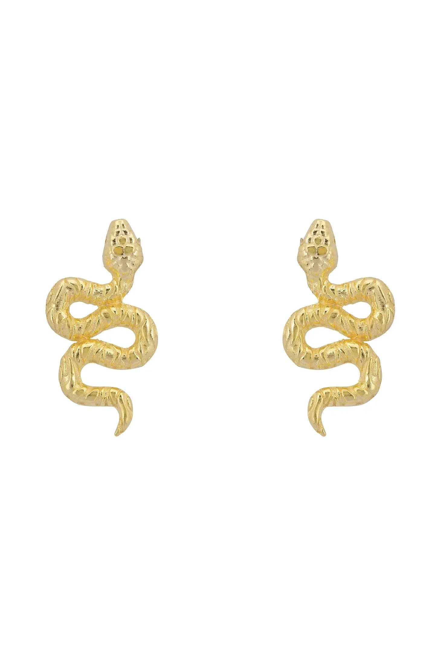 Front view of Coiled Cobra Snake Stud Earrings Gold, showing snake design, gold finish.
