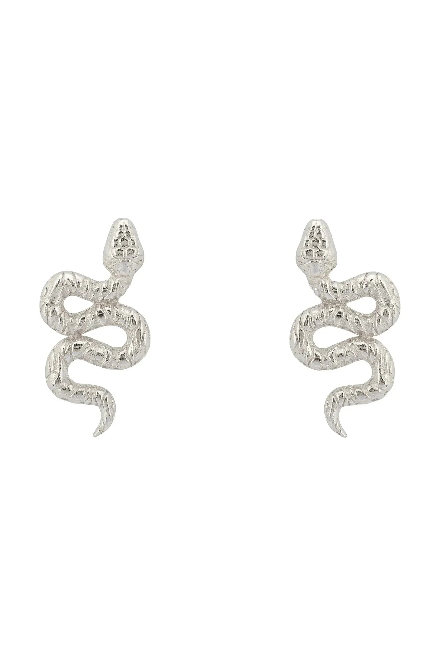 Front view of Coiled Cobra Snake Stud Earrings Silver, showing snake design, silver finish.