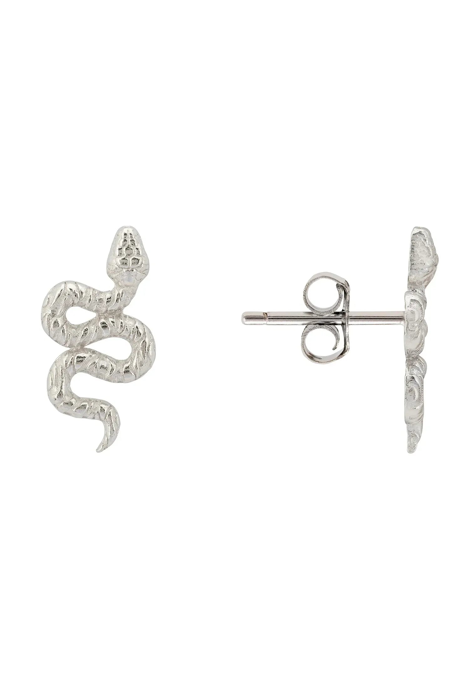 Angled view of Coiled Cobra Snake Stud Earrings Silver, showing snake design, silver finish and the jewellery profile.
