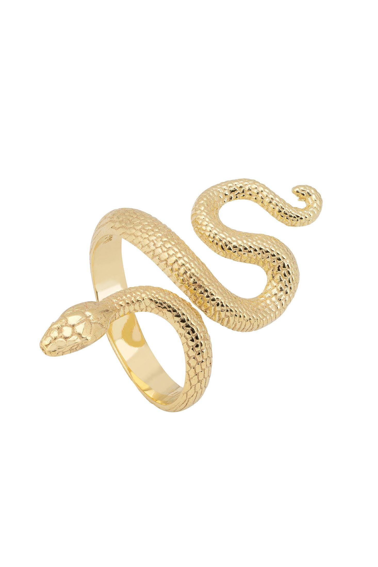 Front view of Coiled Cobra Snake Cocktail Ring Gold, showing snake design, gold finish.
