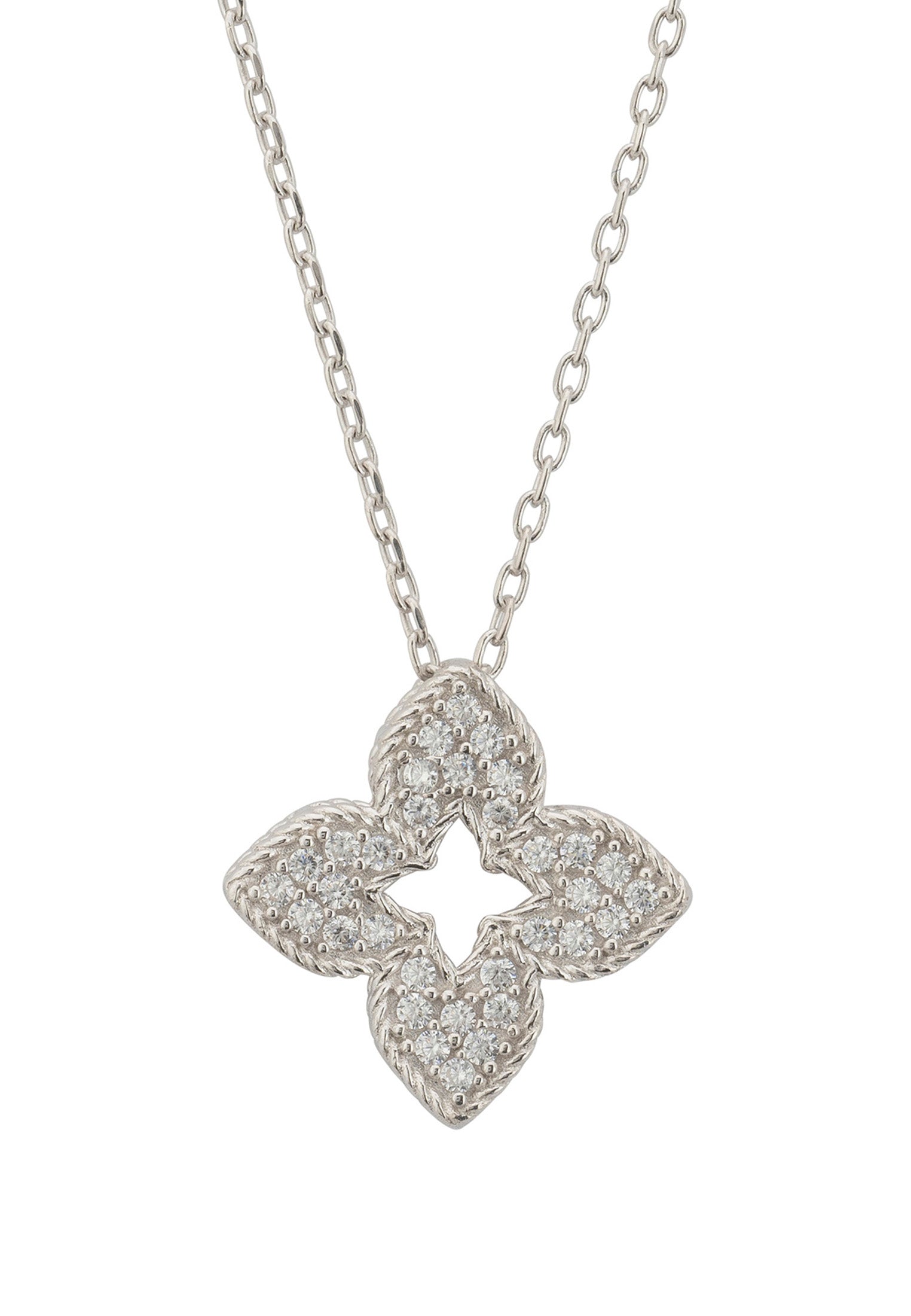 Open Flower Clover Pendant Necklace Silver