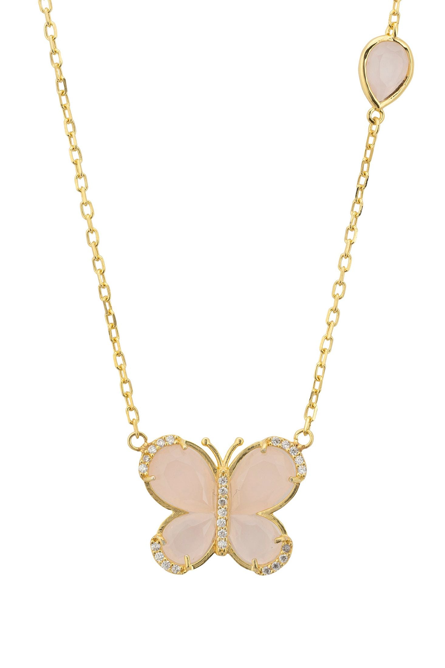 Front view of Pink Rose Butterfly Pendant Necklace Gold Rose Quartz, showing butterfly design, cubic zirconia and zirconia detailing, gold finish.