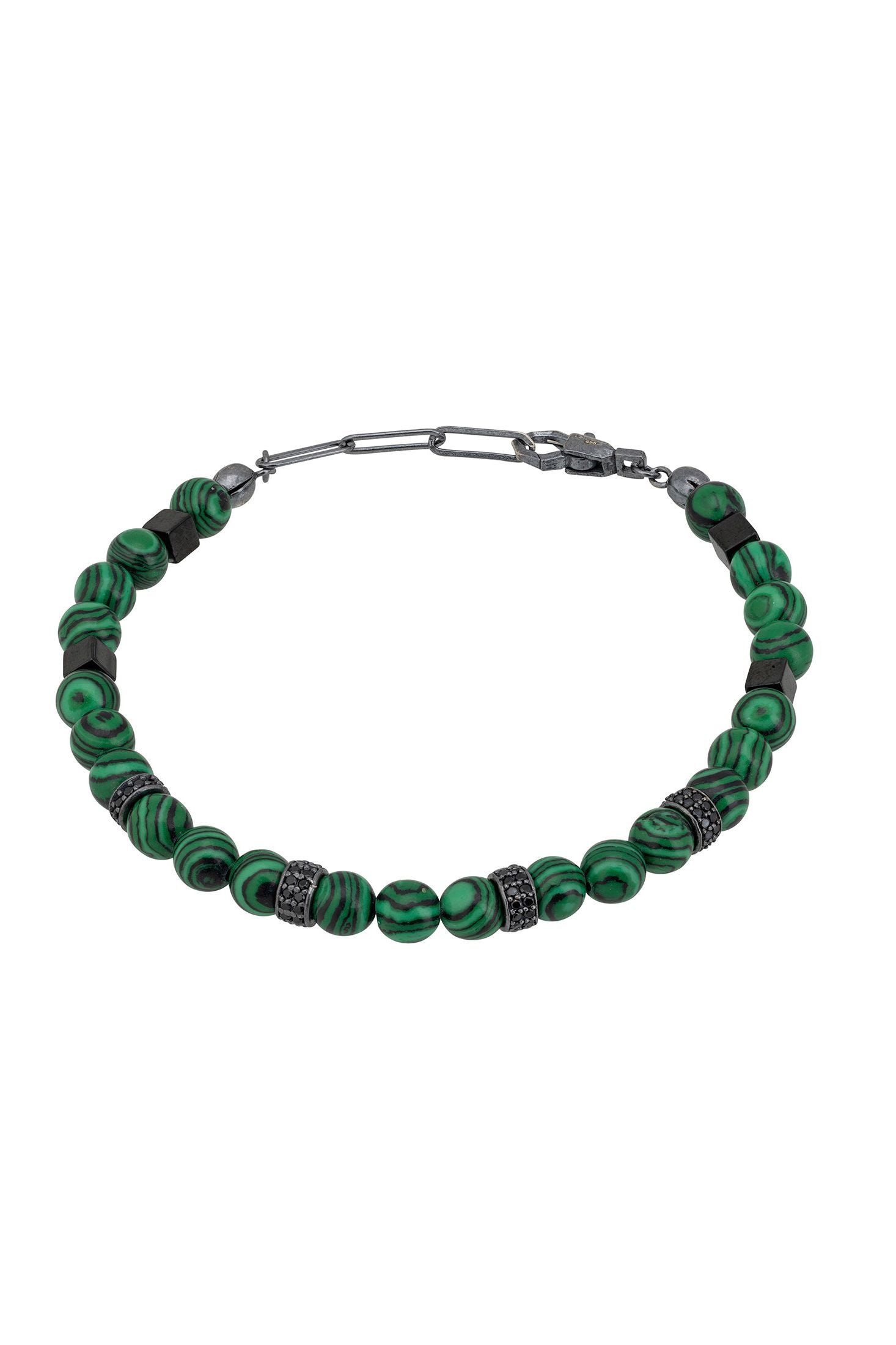 Front view of Beaded Bracelet Mens Malachite Silver Oxidised, showing cubic zirconia and zirconia detailing, silver finish.