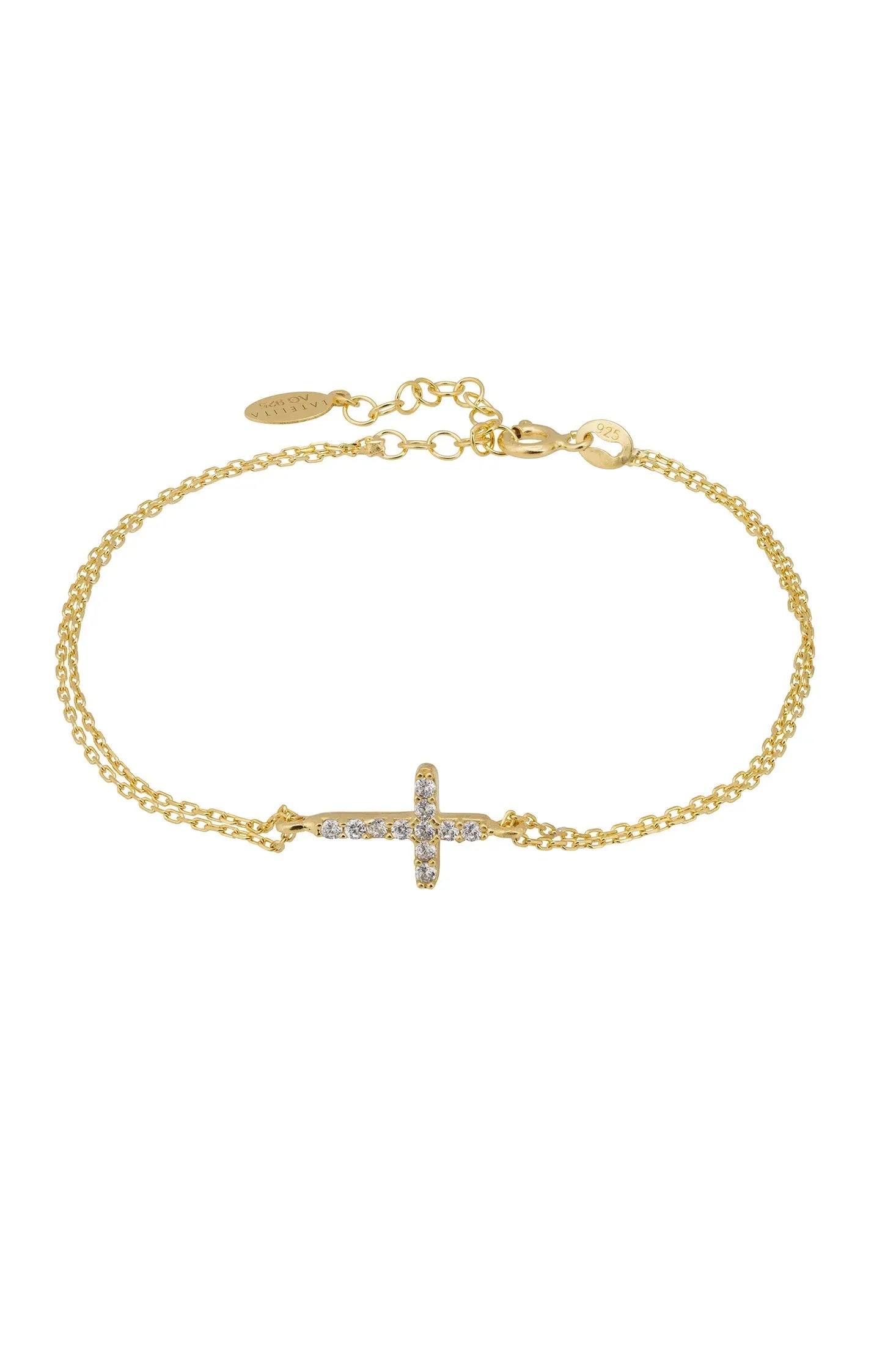 Front view of Divina Fashion Bracelet Gold (Cross), showing cross design, cubic zirconia and zirconia detailing, gold finish.