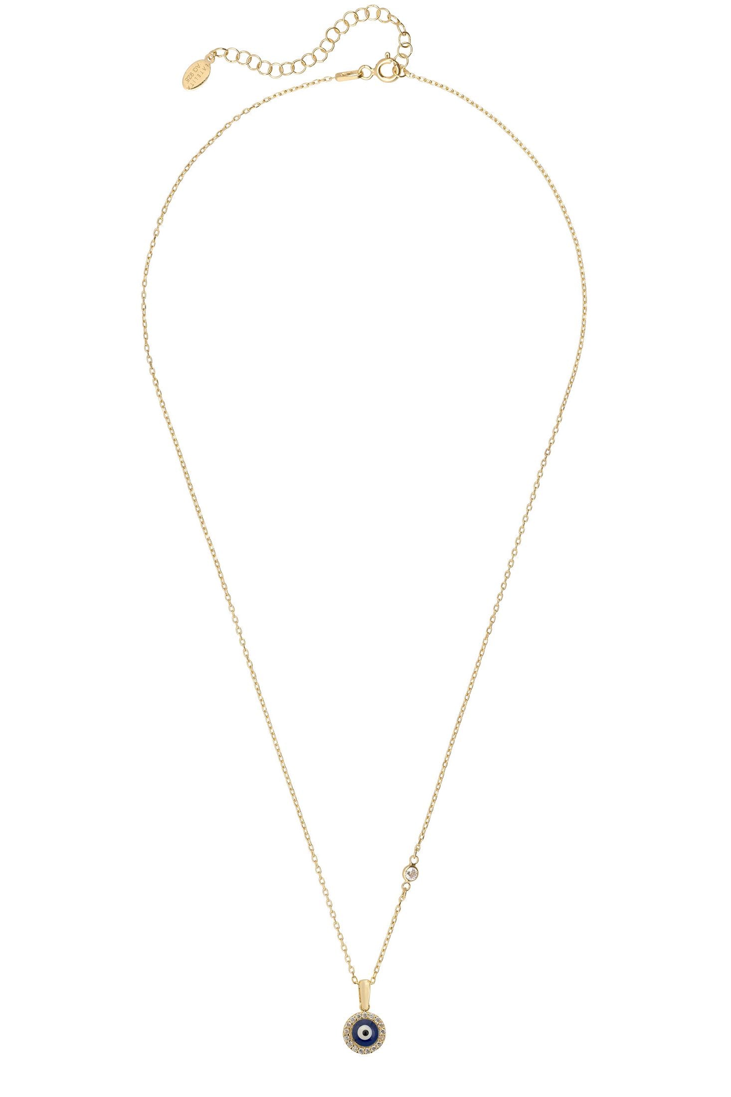 Angled view of Evil Eye Dark Blue Enamel Pendant Necklace Gold, showing evil eye design, gold finish and the jewellery profile.