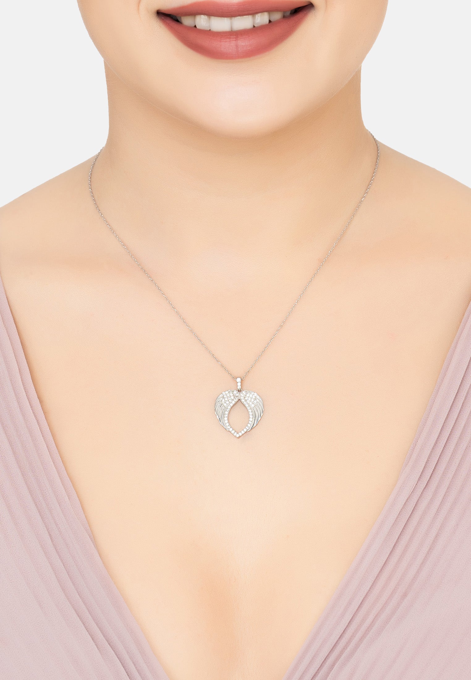 The necklace worn by a model.